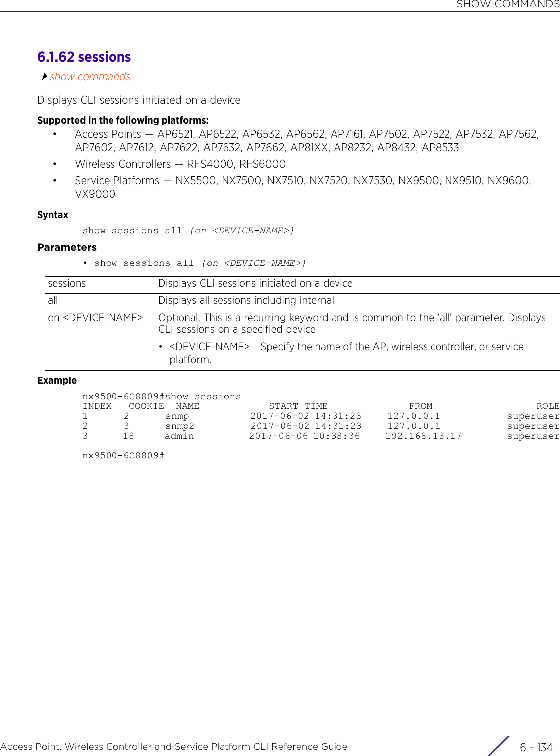 SHOW COMMANDSAccess Point, Wireless Controller and Service Platform CLI Reference Guide  6 - 1346.1.62 sessionsshow commandsDisplays CLI sessions initiated on a deviceSupported in the following platforms:• Access Points — AP6521, AP6522, AP6532, AP6562, AP7161, AP7502, AP7522, AP7532, AP7562, AP7602, AP7612, AP7622, AP7632, AP7662, AP81XX, AP8232, AP8432, AP8533• Wireless Controllers — RFS4000, RFS6000• Service Platforms — NX5500, NX7500, NX7510, NX7520, NX7530, NX9500, NX9510, NX9600, VX9000Syntaxshow sessions all {on &lt;DEVICE-NAME&gt;}Parameters• show sessions all {on &lt;DEVICE-NAME&gt;}Examplenx9500-6C8809#show sessionsINDEX   COOKIE  NAME            START TIME              FROM                  ROLE1       2       snmp            2017-06-02 14:31:23     127.0.0.1             superuser2       3       snmp2           2017-06-02 14:31:23     127.0.0.1             superuser3       18      admin           2017-06-06 10:38:36     192.168.13.17         superusernx9500-6C8809#sessions Displays CLI sessions initiated on a deviceall Displays all sessions including internalon &lt;DEVICE-NAME&gt; Optional. This is a recurring keyword and is common to the ‘all’ parameter. Displays CLI sessions on a specified device• &lt;DEVICE-NAME&gt; – Specify the name of the AP, wireless controller, or service platform.