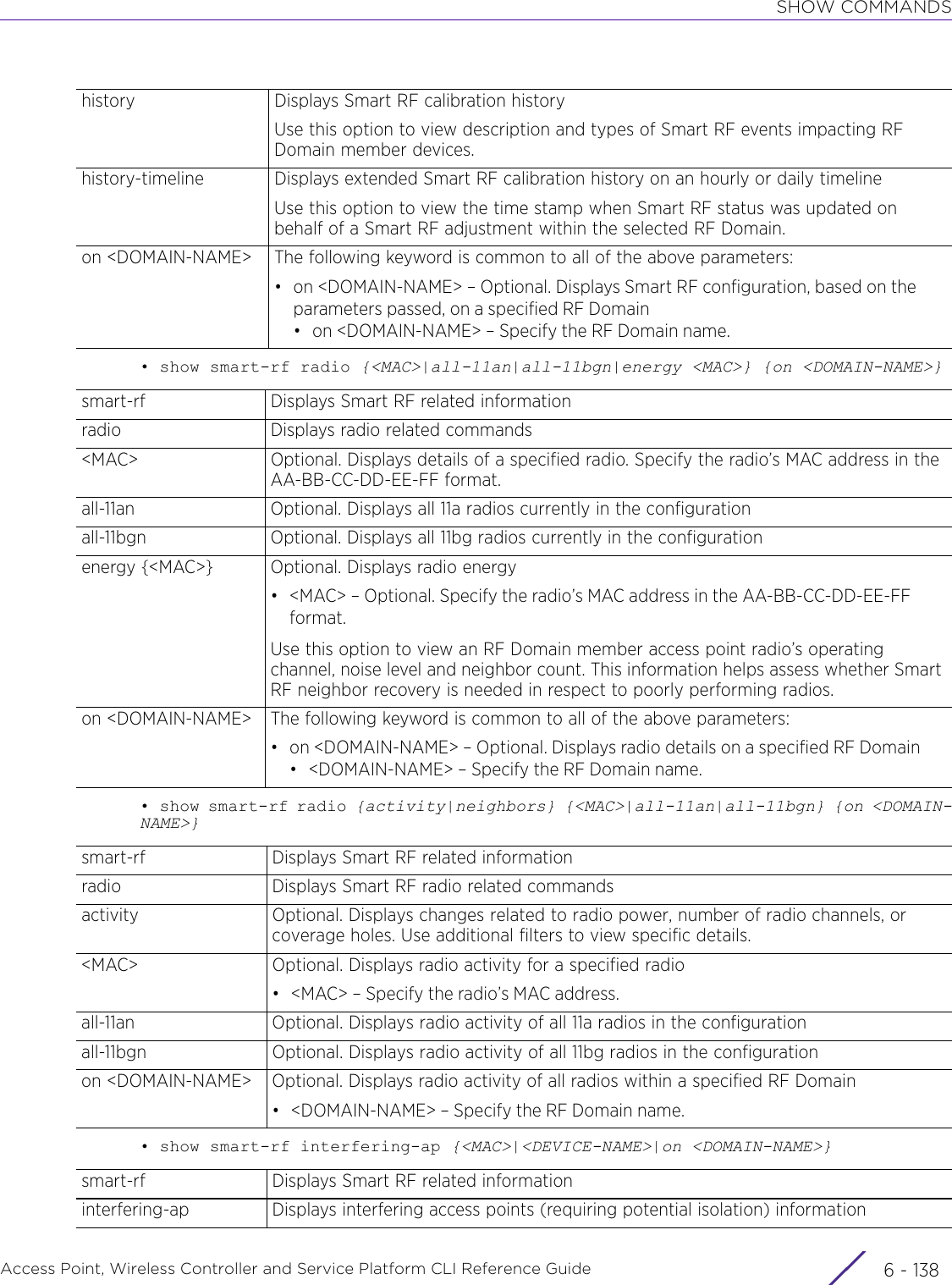 SHOW COMMANDSAccess Point, Wireless Controller and Service Platform CLI Reference Guide  6 - 138• show smart-rf radio {&lt;MAC&gt;|all-11an|all-11bgn|energy &lt;MAC&gt;} {on &lt;DOMAIN-NAME&gt;}• show smart-rf radio {activity|neighbors} {&lt;MAC&gt;|all-11an|all-11bgn} {on &lt;DOMAIN-NAME&gt;}• show smart-rf interfering-ap {&lt;MAC&gt;|&lt;DEVICE-NAME&gt;|on &lt;DOMAIN-NAME&gt;}history Displays Smart RF calibration historyUse this option to view description and types of Smart RF events impacting RF Domain member devices.history-timeline Displays extended Smart RF calibration history on an hourly or daily timelineUse this option to view the time stamp when Smart RF status was updated on behalf of a Smart RF adjustment within the selected RF Domain.on &lt;DOMAIN-NAME&gt; The following keyword is common to all of the above parameters:• on &lt;DOMAIN-NAME&gt; – Optional. Displays Smart RF configuration, based on the parameters passed, on a specified RF Domain• on &lt;DOMAIN-NAME&gt; – Specify the RF Domain name.smart-rf Displays Smart RF related informationradio Displays radio related commands&lt;MAC&gt; Optional. Displays details of a specified radio. Specify the radio’s MAC address in the AA-BB-CC-DD-EE-FF format.all-11an Optional. Displays all 11a radios currently in the configurationall-11bgn Optional. Displays all 11bg radios currently in the configurationenergy {&lt;MAC&gt;} Optional. Displays radio energy• &lt;MAC&gt; – Optional. Specify the radio’s MAC address in the AA-BB-CC-DD-EE-FF format.Use this option to view an RF Domain member access point radio’s operating channel, noise level and neighbor count. This information helps assess whether Smart RF neighbor recovery is needed in respect to poorly performing radios.on &lt;DOMAIN-NAME&gt; The following keyword is common to all of the above parameters:• on &lt;DOMAIN-NAME&gt; – Optional. Displays radio details on a specified RF Domain• &lt;DOMAIN-NAME&gt; – Specify the RF Domain name.smart-rf Displays Smart RF related informationradio Displays Smart RF radio related commandsactivity Optional. Displays changes related to radio power, number of radio channels, or coverage holes. Use additional filters to view specific details.&lt;MAC&gt; Optional. Displays radio activity for a specified radio• &lt;MAC&gt; – Specify the radio’s MAC address.all-11an Optional. Displays radio activity of all 11a radios in the configurationall-11bgn Optional. Displays radio activity of all 11bg radios in the configurationon &lt;DOMAIN-NAME&gt; Optional. Displays radio activity of all radios within a specified RF Domain• &lt;DOMAIN-NAME&gt; – Specify the RF Domain name.smart-rf Displays Smart RF related informationinterfering-ap Displays interfering access points (requiring potential isolation) information