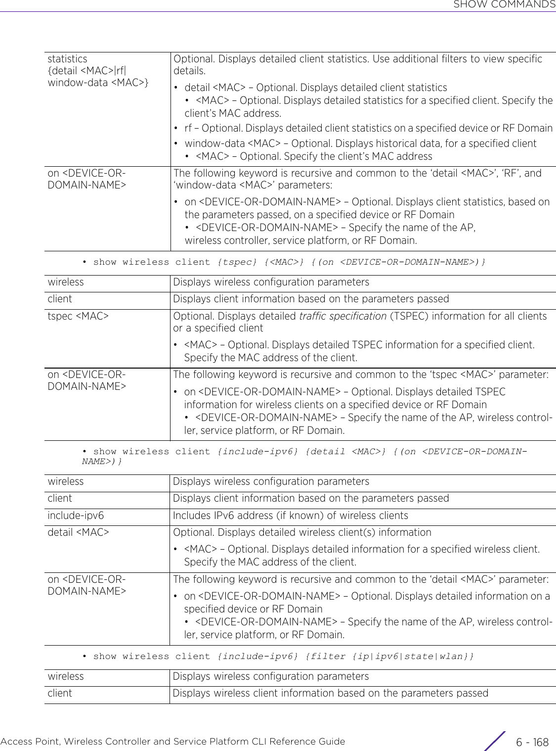 SHOW COMMANDSAccess Point, Wireless Controller and Service Platform CLI Reference Guide  6 - 168• show wireless client {tspec} {&lt;MAC&gt;} {(on &lt;DEVICE-OR-DOMAIN-NAME&gt;)}• show wireless client {include-ipv6} {detail &lt;MAC&gt;} {(on &lt;DEVICE-OR-DOMAIN-NAME&gt;)}• show wireless client {include-ipv6} {filter {ip|ipv6|state|wlan}}statistics {detail &lt;MAC&gt;|rf|window-data &lt;MAC&gt;}Optional. Displays detailed client statistics. Use additional filters to view specific details.• detail &lt;MAC&gt; – Optional. Displays detailed client statistics• &lt;MAC&gt; – Optional. Displays detailed statistics for a specified client. Specify theclient’s MAC address.• rf – Optional. Displays detailed client statistics on a specified device or RF Domain• window-data &lt;MAC&gt; – Optional. Displays historical data, for a specified client• &lt;MAC&gt; – Optional. Specify the client’s MAC addresson &lt;DEVICE-OR-DOMAIN-NAME&gt;The following keyword is recursive and common to the ‘detail &lt;MAC&gt;’, ‘RF’, and ‘window-data &lt;MAC&gt;’ parameters:• on &lt;DEVICE-OR-DOMAIN-NAME&gt; – Optional. Displays client statistics, based on the parameters passed, on a specified device or RF Domain• &lt;DEVICE-OR-DOMAIN-NAME&gt; – Specify the name of the AP, wireless controller, service platform, or RF Domain.wireless Displays wireless configuration parametersclient Displays client information based on the parameters passedtspec &lt;MAC&gt; Optional. Displays detailed traffic specification (TSPEC) information for all clients or a specified client• &lt;MAC&gt; – Optional. Displays detailed TSPEC information for a specified client. Specify the MAC address of the client.on &lt;DEVICE-OR-DOMAIN-NAME&gt;The following keyword is recursive and common to the ‘tspec &lt;MAC&gt;’ parameter:• on &lt;DEVICE-OR-DOMAIN-NAME&gt; – Optional. Displays detailed TSPEC information for wireless clients on a specified device or RF Domain• &lt;DEVICE-OR-DOMAIN-NAME&gt; – Specify the name of the AP, wireless control-ler, service platform, or RF Domain.wireless Displays wireless configuration parametersclient Displays client information based on the parameters passedinclude-ipv6 Includes IPv6 address (if known) of wireless clientsdetail &lt;MAC&gt; Optional. Displays detailed wireless client(s) information• &lt;MAC&gt; – Optional. Displays detailed information for a specified wireless client. Specify the MAC address of the client.on &lt;DEVICE-OR-DOMAIN-NAME&gt;The following keyword is recursive and common to the ‘detail &lt;MAC&gt;’ parameter:• on &lt;DEVICE-OR-DOMAIN-NAME&gt; – Optional. Displays detailed information on a specified device or RF Domain• &lt;DEVICE-OR-DOMAIN-NAME&gt; – Specify the name of the AP, wireless control-ler, service platform, or RF Domain.wireless Displays wireless configuration parametersclient Displays wireless client information based on the parameters passed