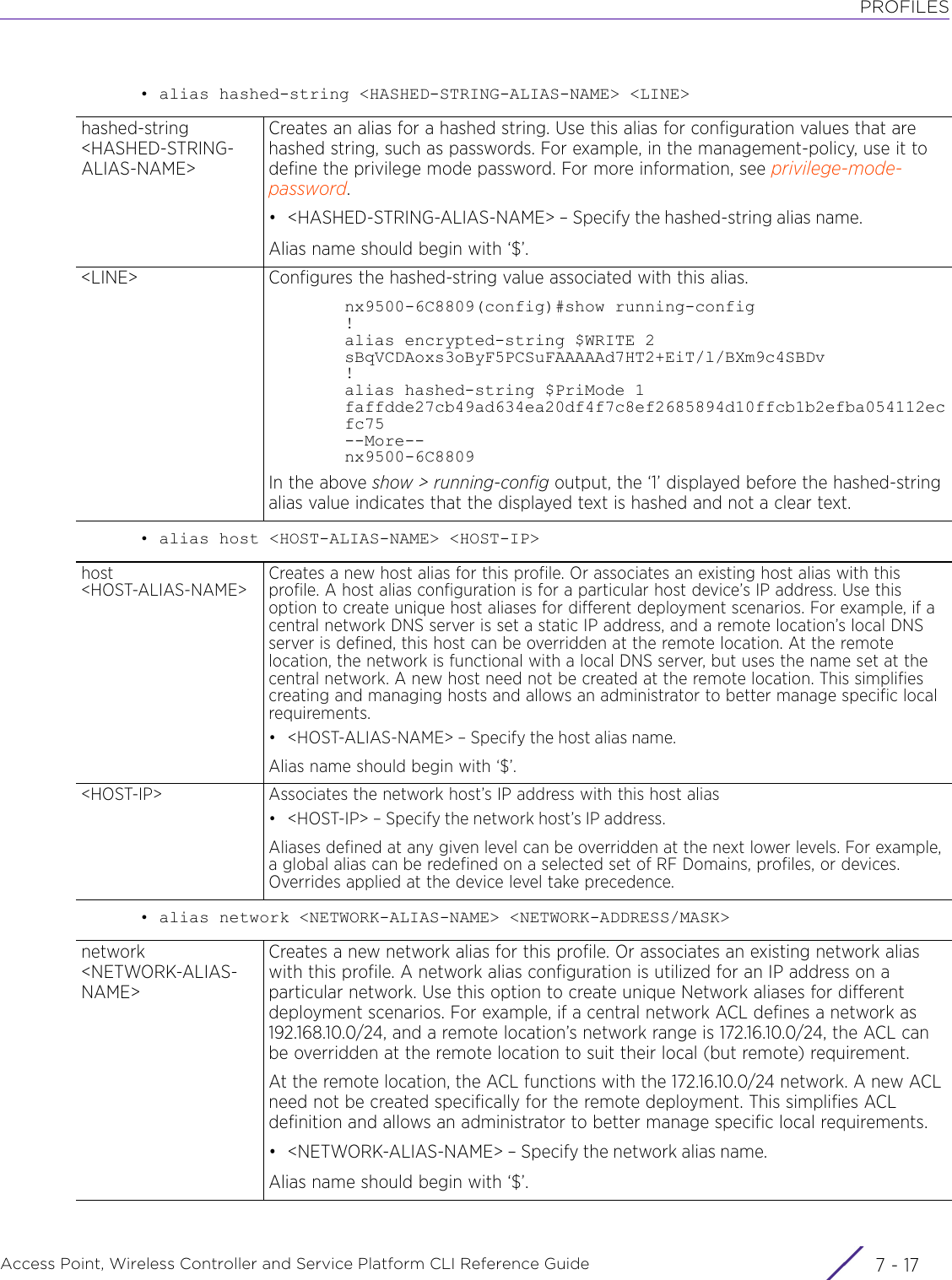 PROFILESAccess Point, Wireless Controller and Service Platform CLI Reference Guide 7 - 17• alias hashed-string &lt;HASHED-STRING-ALIAS-NAME&gt; &lt;LINE&gt;• alias host &lt;HOST-ALIAS-NAME&gt; &lt;HOST-IP&gt;• alias network &lt;NETWORK-ALIAS-NAME&gt; &lt;NETWORK-ADDRESS/MASK&gt;hashed-string &lt;HASHED-STRING-ALIAS-NAME&gt;Creates an alias for a hashed string. Use this alias for configuration values that are hashed string, such as passwords. For example, in the management-policy, use it to define the privilege mode password. For more information, see privilege-mode-password.• &lt;HASHED-STRING-ALIAS-NAME&gt; – Specify the hashed-string alias name.Alias name should begin with ‘$’.&lt;LINE&gt; Configures the hashed-string value associated with this alias.nx9500-6C8809(config)#show running-config!alias encrypted-string $WRITE 2 sBqVCDAoxs3oByF5PCSuFAAAAAd7HT2+EiT/l/BXm9c4SBDv!alias hashed-string $PriMode 1 faffdde27cb49ad634ea20df4f7c8ef2685894d10ffcb1b2efba054112ecfc75--More--nx9500-6C8809In the above show &gt; running-config output, the ‘1’ displayed before the hashed-string alias value indicates that the displayed text is hashed and not a clear text.host &lt;HOST-ALIAS-NAME&gt; Creates a new host alias for this profile. Or associates an existing host alias with this profile. A host alias configuration is for a particular host device’s IP address. Use this option to create unique host aliases for different deployment scenarios. For example, if a central network DNS server is set a static IP address, and a remote location’s local DNS server is defined, this host can be overridden at the remote location. At the remote location, the network is functional with a local DNS server, but uses the name set at the central network. A new host need not be created at the remote location. This simplifies creating and managing hosts and allows an administrator to better manage specific local requirements.• &lt;HOST-ALIAS-NAME&gt; – Specify the host alias name.Alias name should begin with ‘$’.&lt;HOST-IP&gt; Associates the network host’s IP address with this host alias• &lt;HOST-IP&gt; – Specify the network host’s IP address.Aliases defined at any given level can be overridden at the next lower levels. For example, a global alias can be redefined on a selected set of RF Domains, profiles, or devices. Overrides applied at the device level take precedence.network &lt;NETWORK-ALIAS-NAME&gt;Creates a new network alias for this profile. Or associates an existing network alias with this profile. A network alias configuration is utilized for an IP address on a particular network. Use this option to create unique Network aliases for different deployment scenarios. For example, if a central network ACL defines a network as 192.168.10.0/24, and a remote location’s network range is 172.16.10.0/24, the ACL can be overridden at the remote location to suit their local (but remote) requirement.At the remote location, the ACL functions with the 172.16.10.0/24 network. A new ACL need not be created specifically for the remote deployment. This simplifies ACL definition and allows an administrator to better manage specific local requirements.• &lt;NETWORK-ALIAS-NAME&gt; – Specify the network alias name.Alias name should begin with ‘$’.