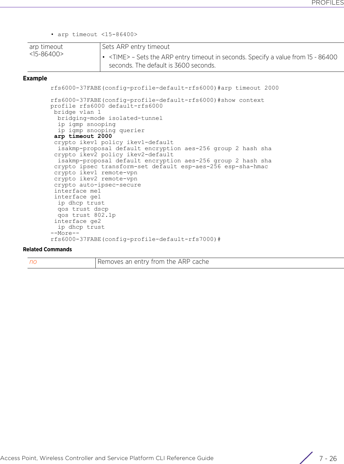 PROFILESAccess Point, Wireless Controller and Service Platform CLI Reference Guide  7 - 26• arp timeout &lt;15-86400&gt;Examplerfs6000-37FABE(config-profile-default-rfs6000)#arp timeout 2000rfs6000-37FABE(config-profile-default-rfs6000)#show contextprofile rfs6000 default-rfs6000 bridge vlan 1  bridging-mode isolated-tunnel  ip igmp snooping  ip igmp snooping querier arp timeout 2000 crypto ikev1 policy ikev1-default  isakmp-proposal default encryption aes-256 group 2 hash sha crypto ikev2 policy ikev2-default  isakmp-proposal default encryption aes-256 group 2 hash sha crypto ipsec transform-set default esp-aes-256 esp-sha-hmac crypto ikev1 remote-vpn crypto ikev2 remote-vpn crypto auto-ipsec-secure interface me1 interface ge1  ip dhcp trust  qos trust dscp  qos trust 802.1p interface ge2  ip dhcp trust--More--rfs6000-37FABE(config-profile-default-rfs7000)#Related Commandsarp timeout &lt;15-86400&gt;Sets ARP entry timeout• &lt;TIME&gt; – Sets the ARP entry timeout in seconds. Specify a value from 15 - 86400 seconds. The default is 3600 seconds.no Removes an entry from the ARP cache