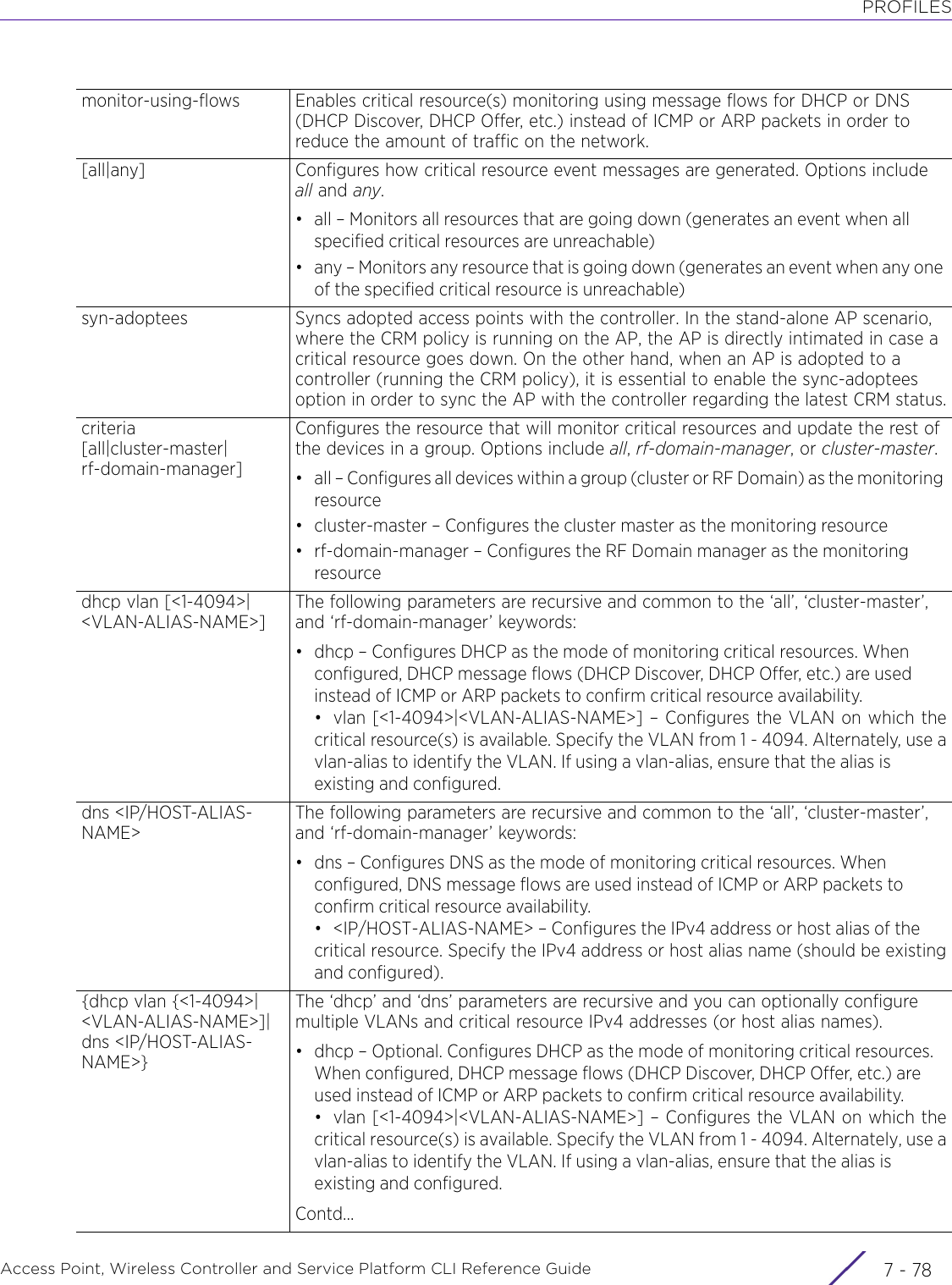 PROFILESAccess Point, Wireless Controller and Service Platform CLI Reference Guide  7 - 78monitor-using-flows Enables critical resource(s) monitoring using message flows for DHCP or DNS (DHCP Discover, DHCP Offer, etc.) instead of ICMP or ARP packets in order to reduce the amount of traffic on the network.[all|any] Configures how critical resource event messages are generated. Options include all and any.• all – Monitors all resources that are going down (generates an event when all specified critical resources are unreachable)• any – Monitors any resource that is going down (generates an event when any one of the specified critical resource is unreachable)syn-adoptees Syncs adopted access points with the controller. In the stand-alone AP scenario, where the CRM policy is running on the AP, the AP is directly intimated in case a critical resource goes down. On the other hand, when an AP is adopted to a controller (running the CRM policy), it is essential to enable the sync-adoptees option in order to sync the AP with the controller regarding the latest CRM status.criteria [all|cluster-master|rf-domain-manager]Configures the resource that will monitor critical resources and update the rest of the devices in a group. Options include all, rf-domain-manager, or cluster-master.• all – Configures all devices within a group (cluster or RF Domain) as the monitoring resource• cluster-master – Configures the cluster master as the monitoring resource• rf-domain-manager – Configures the RF Domain manager as the monitoring resourcedhcp vlan [&lt;1-4094&gt;|&lt;VLAN-ALIAS-NAME&gt;]The following parameters are recursive and common to the ‘all’, ‘cluster-master’, and ‘rf-domain-manager’ keywords:• dhcp – Configures DHCP as the mode of monitoring critical resources. When configured, DHCP message flows (DHCP Discover, DHCP Offer, etc.) are used instead of ICMP or ARP packets to confirm critical resource availability. • vlan [&lt;1-4094&gt;|&lt;VLAN-ALIAS-NAME&gt;] – Configures the VLAN on which thecritical resource(s) is available. Specify the VLAN from 1 - 4094. Alternately, use avlan-alias to identify the VLAN. If using a vlan-alias, ensure that the alias is existing and configured.dns &lt;IP/HOST-ALIAS-NAME&gt;The following parameters are recursive and common to the ‘all’, ‘cluster-master’, and ‘rf-domain-manager’ keywords:• dns – Configures DNS as the mode of monitoring critical resources. When configured, DNS message flows are used instead of ICMP or ARP packets to confirm critical resource availability.• &lt;IP/HOST-ALIAS-NAME&gt; – Configures the IPv4 address or host alias of the critical resource. Specify the IPv4 address or host alias name (should be existingand configured).{dhcp vlan {&lt;1-4094&gt;|&lt;VLAN-ALIAS-NAME&gt;]|dns &lt;IP/HOST-ALIAS-NAME&gt;}The ‘dhcp’ and ‘dns’ parameters are recursive and you can optionally configure multiple VLANs and critical resource IPv4 addresses (or host alias names).• dhcp – Optional. Configures DHCP as the mode of monitoring critical resources. When configured, DHCP message flows (DHCP Discover, DHCP Offer, etc.) are used instead of ICMP or ARP packets to confirm critical resource availability.• vlan [&lt;1-4094&gt;|&lt;VLAN-ALIAS-NAME&gt;] – Configures the VLAN on which thecritical resource(s) is available. Specify the VLAN from 1 - 4094. Alternately, use avlan-alias to identify the VLAN. If using a vlan-alias, ensure that the alias is existing and configured.Contd...