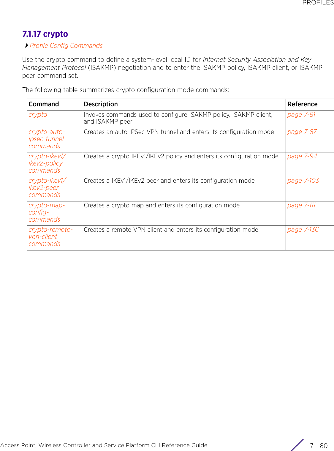 PROFILESAccess Point, Wireless Controller and Service Platform CLI Reference Guide  7 - 807.1.17 cryptoProfile Config CommandsUse the crypto command to define a system-level local ID for Internet Security Association and Key Management Protocol (ISAKMP) negotiation and to enter the ISAKMP policy, ISAKMP client, or ISAKMP peer command set.The following table summarizes crypto configuration mode commands:Command Description Referencecrypto Invokes commands used to configure ISAKMP policy, ISAKMP client, and ISAKMP peerpage 7-81crypto-auto-ipsec-tunnel commandsCreates an auto IPSec VPN tunnel and enters its configuration mode page 7-87crypto-ikev1/ikev2-policy commandsCreates a crypto IKEv1/IKEv2 policy and enters its configuration mode page 7-94crypto-ikev1/ikev2-peer commandsCreates a IKEv1/IKEv2 peer and enters its configuration mode page 7-103crypto-map-config-commandsCreates a crypto map and enters its configuration mode page 7-111crypto-remote-vpn-client commandsCreates a remote VPN client and enters its configuration mode page 7-136