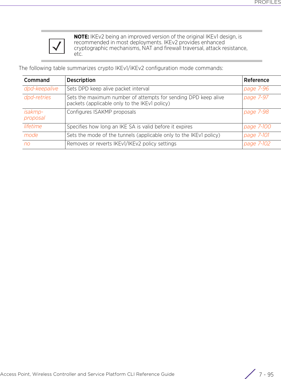 PROFILESAccess Point, Wireless Controller and Service Platform CLI Reference Guide 7 - 95The following table summarizes crypto IKEv1/iKEv2 configuration mode commands:NOTE: IKEv2 being an improved version of the original IKEv1 design, is recommended in most deployments. IKEv2 provides enhanced cryptographic mechanisms, NAT and firewall traversal, attack resistance, etc.Command Description Referencedpd-keepalive Sets DPD keep alive packet interval page 7-96dpd-retries Sets the maximum number of attempts for sending DPD keep alive packets (applicable only to the IKEv1 policy)page 7-97isakmp-proposalConfigures ISAKMP proposals page 7-98lifetime Specifies how long an IKE SA is valid before it expires page 7-100mode Sets the mode of the tunnels (applicable only to the IKEv1 policy) page 7-101no Removes or reverts IKEv1/IKEv2 policy settings page 7-102