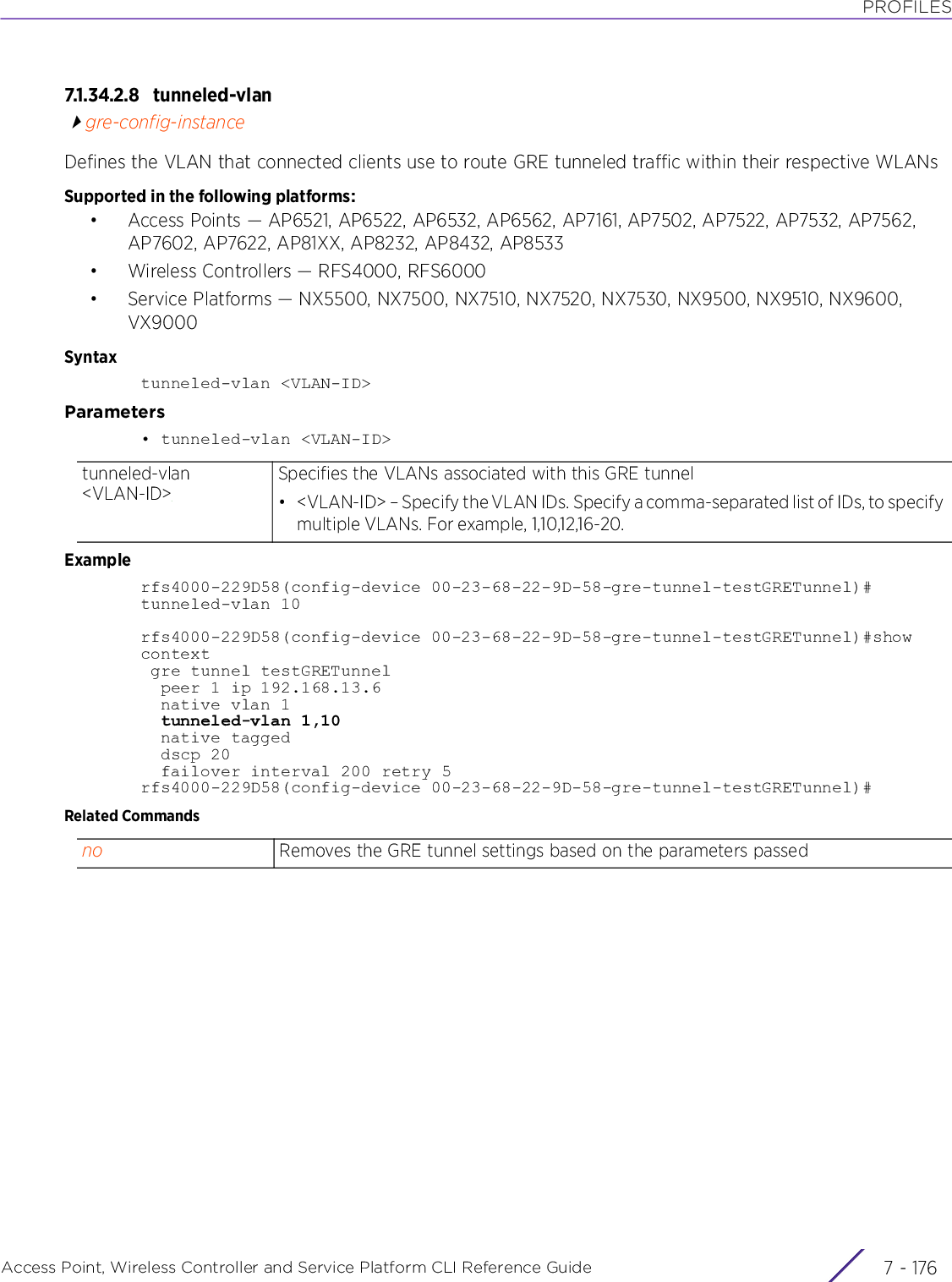 PROFILESAccess Point, Wireless Controller and Service Platform CLI Reference Guide  7 - 1767.1.34.2.8 tunneled-vlangre-config-instanceDefines the VLAN that connected clients use to route GRE tunneled traffic within their respective WLANsSupported in the following platforms:• Access Points — AP6521, AP6522, AP6532, AP6562, AP7161, AP7502, AP7522, AP7532, AP7562, AP7602, AP7622, AP81XX, AP8232, AP8432, AP8533• Wireless Controllers — RFS4000, RFS6000• Service Platforms — NX5500, NX7500, NX7510, NX7520, NX7530, NX9500, NX9510, NX9600, VX9000Syntaxtunneled-vlan &lt;VLAN-ID&gt;Parameters• tunneled-vlan &lt;VLAN-ID&gt;Examplerfs4000-229D58(config-device 00-23-68-22-9D-58-gre-tunnel-testGRETunnel)#tunneled-vlan 10rfs4000-229D58(config-device 00-23-68-22-9D-58-gre-tunnel-testGRETunnel)#show context gre tunnel testGRETunnel  peer 1 ip 192.168.13.6  native vlan 1  tunneled-vlan 1,10  native tagged  dscp 20  failover interval 200 retry 5rfs4000-229D58(config-device 00-23-68-22-9D-58-gre-tunnel-testGRETunnel)#Related Commandstunneled-vlan &lt;VLAN-ID&gt;Specifies the VLANs associated with this GRE tunnel• &lt;VLAN-ID&gt; – Specify the VLAN IDs. Specify a comma-separated list of IDs, to specify multiple VLANs. For example, 1,10,12,16-20.no Removes the GRE tunnel settings based on the parameters passed