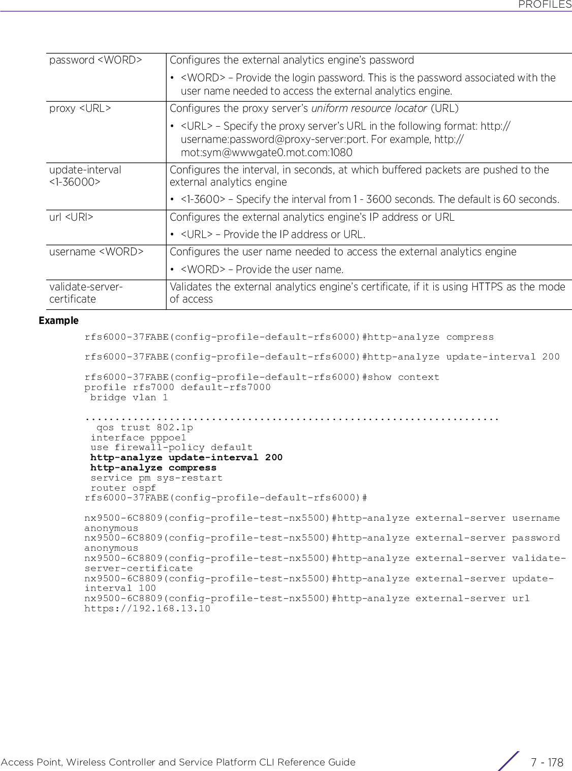 PROFILESAccess Point, Wireless Controller and Service Platform CLI Reference Guide  7 - 178Examplerfs6000-37FABE(config-profile-default-rfs6000)#http-analyze compressrfs6000-37FABE(config-profile-default-rfs6000)#http-analyze update-interval 200rfs6000-37FABE(config-profile-default-rfs6000)#show contextprofile rfs7000 default-rfs7000 bridge vlan 1.....................................................................  qos trust 802.1p interface pppoe1 use firewall-policy default http-analyze update-interval 200 http-analyze compress service pm sys-restart router ospfrfs6000-37FABE(config-profile-default-rfs6000)#nx9500-6C8809(config-profile-test-nx5500)#http-analyze external-server username anonymousnx9500-6C8809(config-profile-test-nx5500)#http-analyze external-server password anonymousnx9500-6C8809(config-profile-test-nx5500)#http-analyze external-server validate-server-certificatenx9500-6C8809(config-profile-test-nx5500)#http-analyze external-server update-interval 100nx9500-6C8809(config-profile-test-nx5500)#http-analyze external-server urlhttps://192.168.13.10 password &lt;WORD&gt; Configures the external analytics engine’s password• &lt;WORD&gt; – Provide the login password. This is the password associated with the user name needed to access the external analytics engine.proxy &lt;URL&gt; Configures the proxy server’s uniform resource locator (URL)• &lt;URL&gt; – Specify the proxy server’s URL in the following format: http://username:password@proxy-server:port. For example, http://mot:sym@wwwgate0.mot.com:1080update-interval &lt;1-36000&gt;Configures the interval, in seconds, at which buffered packets are pushed to the external analytics engine• &lt;1-3600&gt; – Specify the interval from 1 - 3600 seconds. The default is 60 seconds.url &lt;URl&gt; Configures the external analytics engine’s IP address or URL• &lt;URL&gt; – Provide the IP address or URL.username &lt;WORD&gt; Configures the user name needed to access the external analytics engine• &lt;WORD&gt; – Provide the user name.validate-server-certificateValidates the external analytics engine’s certificate, if it is using HTTPS as the mode of access