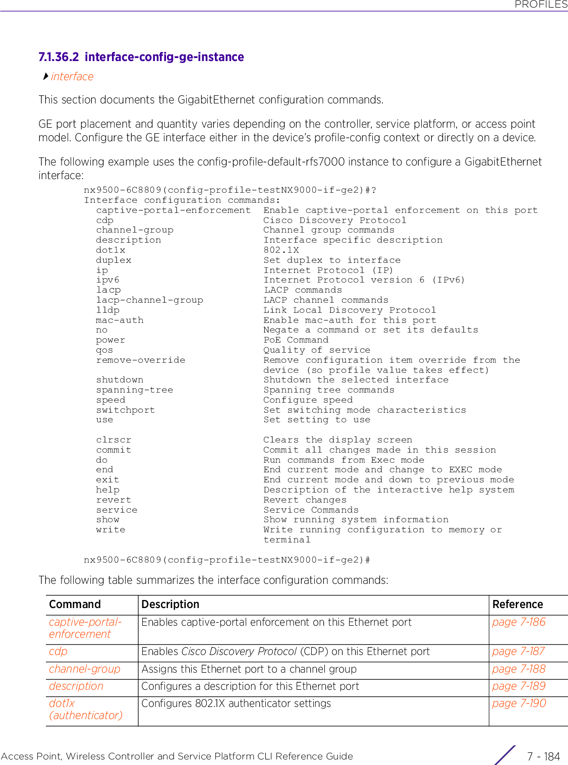 PROFILESAccess Point, Wireless Controller and Service Platform CLI Reference Guide  7 - 1847.1.36.2  interface-config-ge-instanceinterfaceThis section documents the GigabitEthernet configuration commands.GE port placement and quantity varies depending on the controller, service platform, or access point model. Configure the GE interface either in the device’s profile-config context or directly on a device.The following example uses the config-profile-default-rfs7000 instance to configure a GigabitEthernet interface:nx9500-6C8809(config-profile-testNX9000-if-ge2)#?Interface configuration commands:  captive-portal-enforcement  Enable captive-portal enforcement on this port  cdp                         Cisco Discovery Protocol  channel-group               Channel group commands  description                 Interface specific description  dot1x                       802.1X  duplex                      Set duplex to interface  ip                          Internet Protocol (IP)  ipv6                        Internet Protocol version 6 (IPv6)  lacp                        LACP commands  lacp-channel-group          LACP channel commands  lldp                        Link Local Discovery Protocol  mac-auth                    Enable mac-auth for this port  no                          Negate a command or set its defaults  power                       PoE Command  qos                         Quality of service  remove-override             Remove configuration item override from the                              device (so profile value takes effect)  shutdown                    Shutdown the selected interface  spanning-tree               Spanning tree commands  speed                       Configure speed  switchport                  Set switching mode characteristics  use                         Set setting to use  clrscr                      Clears the display screen  commit                      Commit all changes made in this session  do                          Run commands from Exec mode  end                         End current mode and change to EXEC mode  exit                        End current mode and down to previous mode  help                        Description of the interactive help system  revert                      Revert changes  service                     Service Commands  show                        Show running system information  write                       Write running configuration to memory or                              terminalnx9500-6C8809(config-profile-testNX9000-if-ge2)#The following table summarizes the interface configuration commands:Command Description Referencecaptive-portal-enforcementEnables captive-portal enforcement on this Ethernet port page 7-186cdp Enables Cisco Discovery Protocol (CDP) on this Ethernet port page 7-187channel-group Assigns this Ethernet port to a channel group page 7-188description Configures a description for this Ethernet port page 7-189dot1x (authenticator)Configures 802.1X authenticator settings page 7-190