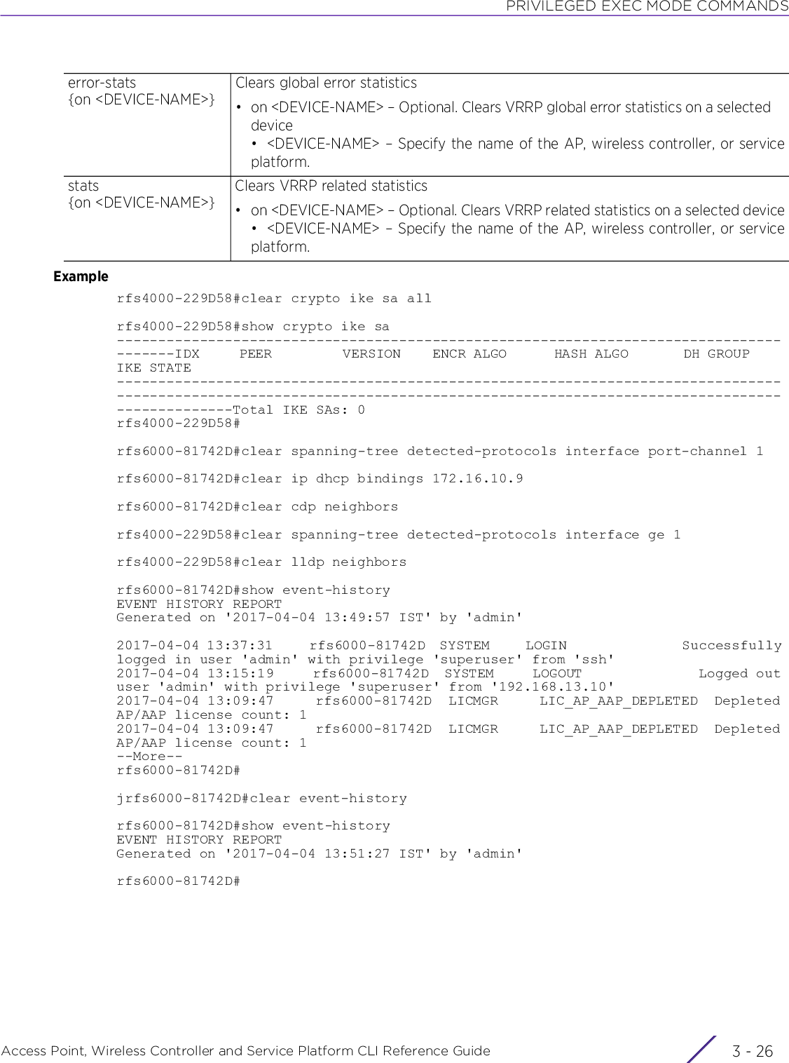 PRIVILEGED EXEC MODE COMMANDSAccess Point, Wireless Controller and Service Platform CLI Reference Guide  3 - 26Examplerfs4000-229D58#clear crypto ike sa allrfs4000-229D58#show crypto ike sa---------------------------------------------------------------------------------------IDX     PEER         VERSION    ENCR ALGO      HASH ALGO       DH GROUP     IKE STATE------------------------------------------------------------------------------------------------------------------------------------------------------------------------------Total IKE SAs: 0rfs4000-229D58#rfs6000-81742D#clear spanning-tree detected-protocols interface port-channel 1rfs6000-81742D#clear ip dhcp bindings 172.16.10.9rfs6000-81742D#clear cdp neighborsrfs4000-229D58#clear spanning-tree detected-protocols interface ge 1rfs4000-229D58#clear lldp neighborsrfs6000-81742D#show event-historyEVENT HISTORY REPORTGenerated on &apos;2017-04-04 13:49:57 IST&apos; by &apos;admin&apos;2017-04-04 13:37:31     rfs6000-81742D  SYSTEM     LOGIN                Successfully logged in user &apos;admin&apos; with privilege &apos;superuser&apos; from &apos;ssh&apos;2017-04-04 13:15:19     rfs6000-81742D  SYSTEM     LOGOUT               Logged out user &apos;admin&apos; with privilege &apos;superuser&apos; from &apos;192.168.13.10&apos;2017-04-04 13:09:47     rfs6000-81742D  LICMGR     LIC_AP_AAP_DEPLETED  Depleted AP/AAP license count: 12017-04-04 13:09:47     rfs6000-81742D  LICMGR     LIC_AP_AAP_DEPLETED  Depleted AP/AAP license count: 1--More--rfs6000-81742D#jrfs6000-81742D#clear event-historyrfs6000-81742D#show event-historyEVENT HISTORY REPORTGenerated on &apos;2017-04-04 13:51:27 IST&apos; by &apos;admin&apos;rfs6000-81742D#error-stats {on &lt;DEVICE-NAME&gt;}Clears global error statistics• on &lt;DEVICE-NAME&gt; – Optional. Clears VRRP global error statistics on a selected device• &lt;DEVICE-NAME&gt; – Specify the name of the AP, wireless controller, or serviceplatform.stats {on &lt;DEVICE-NAME&gt;}Clears VRRP related statistics• on &lt;DEVICE-NAME&gt; – Optional. Clears VRRP related statistics on a selected device• &lt;DEVICE-NAME&gt; – Specify the name of the AP, wireless controller, or serviceplatform.