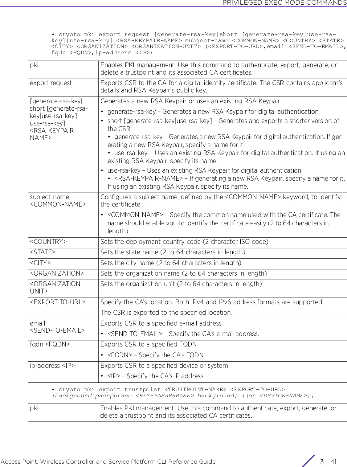 PRIVILEGED EXEC MODE COMMANDSAccess Point, Wireless Controller and Service Platform CLI Reference Guide 3 - 41• crypto pki export request [generate-rsa-key|short [generate-rsa-key|use-rsa-key]|use-rsa-key] &lt;RSA-KEYPAIR-NAME&gt; subject-name &lt;COMMON-NAME&gt; &lt;COUNTRY&gt; &lt;STATE&gt; &lt;CITY&gt; &lt;ORGANIZATION&gt; &lt;ORGANIZATION-UNIT&gt; (&lt;EXPORT-TO-URL&gt;,email &lt;SEND-TO-EMAIL&gt;,fqdn &lt;FQDN&gt;,ip-address &lt;IP&gt;)• crypto pki export trustpoint &lt;TRUSTPOINT-NAME&gt; &lt;EXPORT-TO-URL&gt; {background|passphrase &lt;KEY-PASSPHRASE&gt; background} {(on &lt;DEVICE-NAME&gt;)}pki Enables PKI management. Use this command to authenticate, export, generate, or delete a trustpoint and its associated CA certificates.export request Exports CSR to the CA for a digital identity certificate. The CSR contains applicant’s details and RSA Keypair’s public key.[generate-rsa-key|short [generate-rsa-key|use-rsa-key]|use-rsa-key] &lt;RSA-KEYPAIR-NAME&gt;Generates a new RSA Keypair or uses an existing RSA Keypair• generate-rsa-key – Generates a new RSA Keypair for digital authentication• short [generate-rsa-key|use-rsa-key] – Generates and exports a shorter version of the CSR• generate-rsa-key – Generates a new RSA Keypair for digital authentication. If gen-erating a new RSA Keypair, specify a name for it.• use-rsa-key – Uses an existing RSA Keypair for digital authentication. If using anexisting RSA Keypair, specify its name.• use-rsa-key – Uses an existing RSA Keypair for digital authentication• &lt;RSA-KEYPAIR-NAME&gt; – If generating a new RSA Keypair, specify a name for it.If using an existing RSA Keypair, specify its name.subject-name &lt;COMMON-NAME&gt;Configures a subject name, defined by the &lt;COMMON-NAME&gt; keyword, to identify the certificate• &lt;COMMON-NAME&gt; – Specify the common name used with the CA certificate. The name should enable you to identify the certificate easily (2 to 64 characters in length).&lt;COUNTRY&gt; Sets the deployment country code (2 character ISO code)&lt;STATE&gt; Sets the state name (2 to 64 characters in length)&lt;CITY&gt; Sets the city name (2 to 64 characters in length)&lt;ORGANIZATION&gt; Sets the organization name (2 to 64 characters in length)&lt;ORGANIZATION-UNIT&gt;Sets the organization unit (2 to 64 characters in length)&lt;EXPORT-TO-URL&gt; Specify the CA’s location. Both IPv4 and IPv6 address formats are supported.The CSR is exported to the specified location.email &lt;SEND-TO-EMAIL&gt;Exports CSR to a specified e-mail address• &lt;SEND-TO-EMAIL&gt; – Specify the CA’s e-mail address.fqdn &lt;FQDN&gt; Exports CSR to a specified FQDN• &lt;FQDN&gt; – Specify the CA’s FQDN.ip-address &lt;IP&gt; Exports CSR to a specified device or system• &lt;IP&gt; – Specify the CA’s IP address.pki Enables PKI management. Use this command to authenticate, export, generate, or delete a trustpoint and its associated CA certificates.