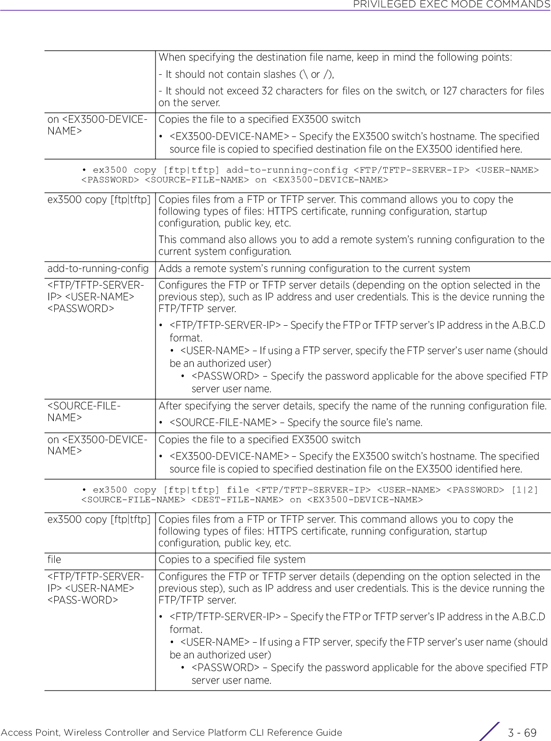 PRIVILEGED EXEC MODE COMMANDSAccess Point, Wireless Controller and Service Platform CLI Reference Guide 3 - 69• ex3500 copy [ftp|tftp] add-to-running-config &lt;FTP/TFTP-SERVER-IP&gt; &lt;USER-NAME&gt; &lt;PASSWORD&gt; &lt;SOURCE-FILE-NAME&gt; on &lt;EX3500-DEVICE-NAME&gt;• ex3500 copy [ftp|tftp] file &lt;FTP/TFTP-SERVER-IP&gt; &lt;USER-NAME&gt; &lt;PASSWORD&gt; [1|2] &lt;SOURCE-FILE-NAME&gt; &lt;DEST-FILE-NAME&gt; on &lt;EX3500-DEVICE-NAME&gt;When specifying the destination file name, keep in mind the following points:- It should not contain slashes (\ or /),- It should not exceed 32 characters for files on the switch, or 127 characters for files on the server.on &lt;EX3500-DEVICE-NAME&gt;Copies the file to a specified EX3500 switch• &lt;EX3500-DEVICE-NAME&gt; – Specify the EX3500 switch’s hostname. The specified source file is copied to specified destination file on the EX3500 identified here.ex3500 copy [ftp|tftp] Copies files from a FTP or TFTP server. This command allows you to copy the following types of files: HTTPS certificate, running configuration, startup configuration, public key, etc. This command also allows you to add a remote system’s running configuration to the current system configuration.add-to-running-config Adds a remote system’s running configuration to the current system&lt;FTP/TFTP-SERVER-IP&gt; &lt;USER-NAME&gt; &lt;PASSWORD&gt;Configures the FTP or TFTP server details (depending on the option selected in the previous step), such as IP address and user credentials. This is the device running the FTP/TFTP server.• &lt;FTP/TFTP-SERVER-IP&gt; – Specify the FTP or TFTP server’s IP address in the A.B.C.D format.• &lt;USER-NAME&gt; – If using a FTP server, specify the FTP server’s user name (shouldbe an authorized user)• &lt;PASSWORD&gt; – Specify the password applicable for the above specified FTPserver user name.&lt;SOURCE-FILE-NAME&gt;After specifying the server details, specify the name of the running configuration file.• &lt;SOURCE-FILE-NAME&gt; – Specify the source file’s name.on &lt;EX3500-DEVICE-NAME&gt;Copies the file to a specified EX3500 switch• &lt;EX3500-DEVICE-NAME&gt; – Specify the EX3500 switch’s hostname. The specified source file is copied to specified destination file on the EX3500 identified here.ex3500 copy [ftp|tftp] Copies files from a FTP or TFTP server. This command allows you to copy the following types of files: HTTPS certificate, running configuration, startup configuration, public key, etc. file Copies to a specified file system&lt;FTP/TFTP-SERVER-IP&gt; &lt;USER-NAME&gt; &lt;PASS-WORD&gt;Configures the FTP or TFTP server details (depending on the option selected in the previous step), such as IP address and user credentials. This is the device running the FTP/TFTP server.• &lt;FTP/TFTP-SERVER-IP&gt; – Specify the FTP or TFTP server’s IP address in the A.B.C.D format.• &lt;USER-NAME&gt; – If using a FTP server, specify the FTP server’s user name (shouldbe an authorized user)• &lt;PASSWORD&gt; – Specify the password applicable for the above specified FTPserver user name.