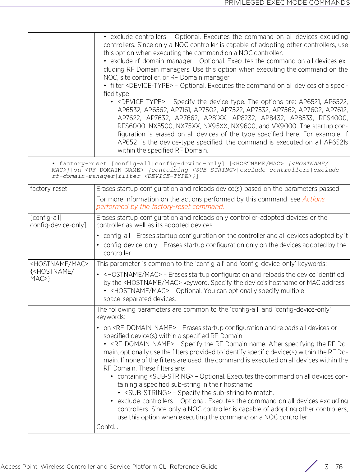 PRIVILEGED EXEC MODE COMMANDSAccess Point, Wireless Controller and Service Platform CLI Reference Guide  3 - 76• factory-reset [config-all|config-device-only] [&lt;HOSTNAME/MAC&gt; {&lt;HOSTNAME/MAC&gt;}|on &lt;RF-DOMAIN-NAME&gt; {containing &lt;SUB-STRING&gt;|exclude-controllers|exclude-rf-domain-manager|filter &lt;DEVICE-TYPE&gt;}]• exclude-controllers – Optional. Executes the command on all devices excludingcontrollers. Since only a NOC controller is capable of adopting other controllers, usethis option when executing the command on a NOC controller.• exclude-rf-domain-manager – Optional. Executes the command on all devices ex-cluding RF Domain managers. Use this option when executing the command on theNOC, site controller, or RF Domain manager.• filter &lt;DEVICE-TYPE&gt; – Optional. Executes the command on all devices of a speci-fied type• &lt;DEVICE-TYPE&gt; – Specify the device type. The options are: AP6521, AP6522,AP6532, AP6562, AP7161, AP7502, AP7522, AP7532, AP7562, AP7602, AP7612,AP7622, AP7632, AP7662, AP81XX, AP8232, AP8432, AP8533, RFS4000,RFS6000, NX5500, NX75XX, NX95XX, NX9600, and VX9000. The startup con-figuration is erased on all devices of the type specified here. For example, ifAP6521 is the device-type specified, the command is executed on all AP6521swithin the specified RF Domain.factory-reset Erases startup configuration and reloads device(s) based on the parameters passedFor more information on the actions performed by this command, see Actions performed by the factory-reset command.[config-all|config-device-only]Erases startup configuration and reloads only controller-adopted devices or the controller as well as its adopted devices• config-all – Erases startup configuration on the controller and all devices adopted by it• config-device-only – Erases startup configuration only on the devices adopted by the controller&lt;HOSTNAME/MAC&gt; {&lt;HOSTNAME/MAC&gt;}This parameter is common to the ‘config-all’ and ‘config-device-only’ keywords:• &lt;HOSTNAME/MAC&gt; – Erases startup configuration and reloads the device identified by the &lt;HOSTNAME/MAC&gt; keyword. Specify the device’s hostname or MAC address.• &lt;HOSTNAME/MAC&gt; – Optional. You can optionally specify multiple space-separated devices.The following parameters are common to the ‘config-all’ and ‘config-device-only’ keywords:• on &lt;RF-DOMAIN-NAME&gt; – Erases startup configuration and reloads all devices or specified device(s) within a specified RF Domain• &lt;RF-DOMAIN-NAME&gt; – Specify the RF Domain name. After specifying the RF Do-main, optionally use the filters provided to identify specific device(s) within the RF Do-main. If none of the filters are used, the command is executed on all devices within theRF Domain. These filters are:• containing &lt;SUB-STRING&gt; – Optional. Executes the command on all devices con-taining a specified sub-string in their hostname• &lt;SUB-STRING&gt; – Specify the sub-string to match.• exclude-controllers – Optional. Executes the command on all devices excludingcontrollers. Since only a NOC controller is capable of adopting other controllers,use this option when executing the command on a NOC controller.Contd...