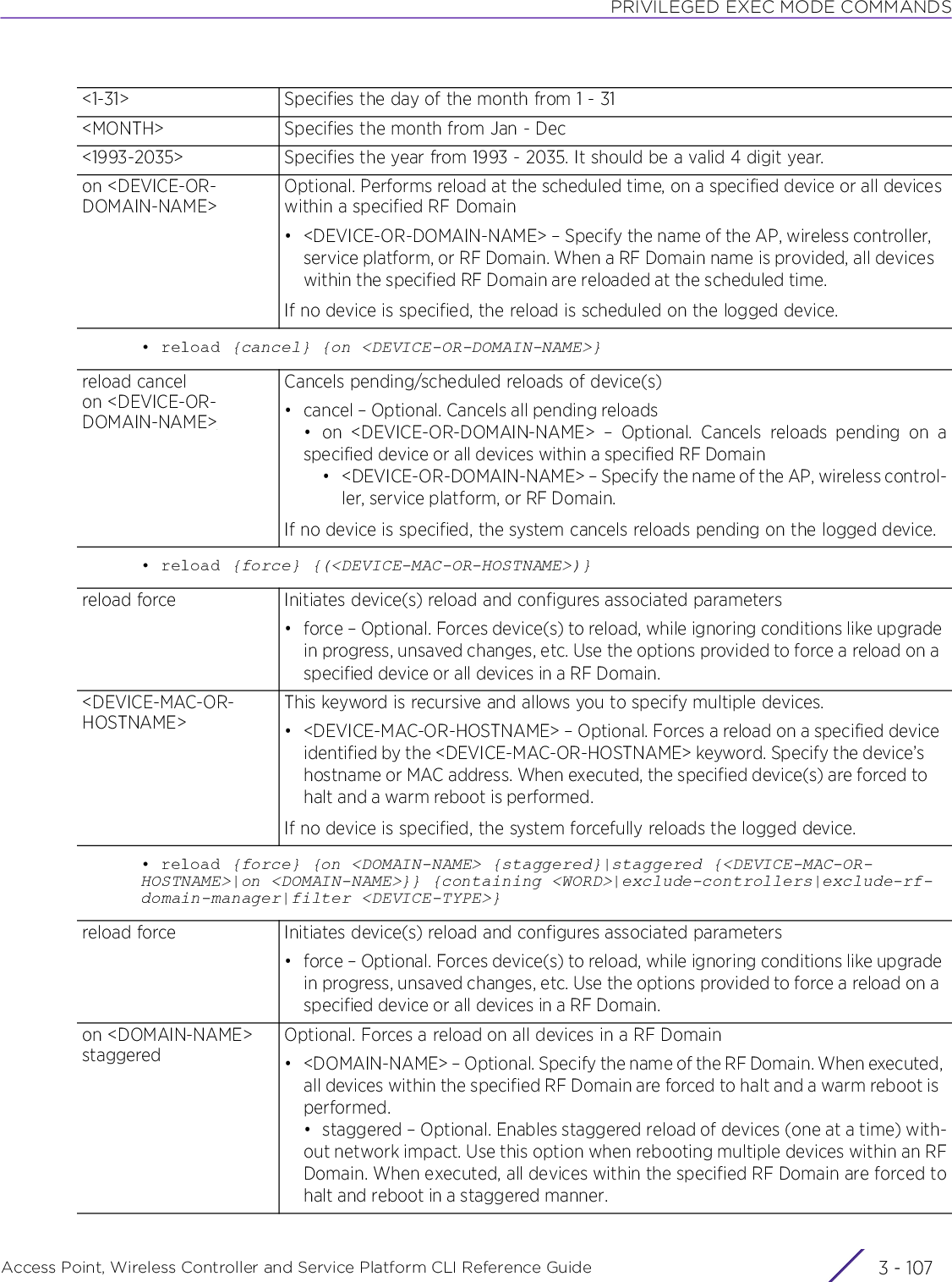 PRIVILEGED EXEC MODE COMMANDSAccess Point, Wireless Controller and Service Platform CLI Reference Guide 3 - 107• reload {cancel} {on &lt;DEVICE-OR-DOMAIN-NAME&gt;}• reload {force} {(&lt;DEVICE-MAC-OR-HOSTNAME&gt;)}• reload {force} {on &lt;DOMAIN-NAME&gt; {staggered}|staggered {&lt;DEVICE-MAC-OR-HOSTNAME&gt;|on &lt;DOMAIN-NAME&gt;}} {containing &lt;WORD&gt;|exclude-controllers|exclude-rf-domain-manager|filter &lt;DEVICE-TYPE&gt;}&lt;1-31&gt; Specifies the day of the month from 1 - 31&lt;MONTH&gt; Specifies the month from Jan - Dec&lt;1993-2035&gt; Specifies the year from 1993 - 2035. It should be a valid 4 digit year.on &lt;DEVICE-OR-DOMAIN-NAME&gt;Optional. Performs reload at the scheduled time, on a specified device or all devices within a specified RF Domain• &lt;DEVICE-OR-DOMAIN-NAME&gt; – Specify the name of the AP, wireless controller, service platform, or RF Domain. When a RF Domain name is provided, all devices within the specified RF Domain are reloaded at the scheduled time.If no device is specified, the reload is scheduled on the logged device.reload cancel on &lt;DEVICE-OR-DOMAIN-NAME&gt;Cancels pending/scheduled reloads of device(s)• cancel – Optional. Cancels all pending reloads• on &lt;DEVICE-OR-DOMAIN-NAME&gt; – Optional. Cancels reloads pending on aspecified device or all devices within a specified RF Domain• &lt;DEVICE-OR-DOMAIN-NAME&gt; – Specify the name of the AP, wireless control-ler, service platform, or RF Domain.If no device is specified, the system cancels reloads pending on the logged device.reload force Initiates device(s) reload and configures associated parameters• force – Optional. Forces device(s) to reload, while ignoring conditions like upgrade in progress, unsaved changes, etc. Use the options provided to force a reload on a specified device or all devices in a RF Domain.&lt;DEVICE-MAC-OR-HOSTNAME&gt;This keyword is recursive and allows you to specify multiple devices.• &lt;DEVICE-MAC-OR-HOSTNAME&gt; – Optional. Forces a reload on a specified device identified by the &lt;DEVICE-MAC-OR-HOSTNAME&gt; keyword. Specify the device’s hostname or MAC address. When executed, the specified device(s) are forced to halt and a warm reboot is performed.If no device is specified, the system forcefully reloads the logged device.reload force Initiates device(s) reload and configures associated parameters• force – Optional. Forces device(s) to reload, while ignoring conditions like upgrade in progress, unsaved changes, etc. Use the options provided to force a reload on a specified device or all devices in a RF Domain.on &lt;DOMAIN-NAME&gt; staggeredOptional. Forces a reload on all devices in a RF Domain• &lt;DOMAIN-NAME&gt; – Optional. Specify the name of the RF Domain. When executed, all devices within the specified RF Domain are forced to halt and a warm reboot is performed.• staggered – Optional. Enables staggered reload of devices (one at a time) with-out network impact. Use this option when rebooting multiple devices within an RFDomain. When executed, all devices within the specified RF Domain are forced tohalt and reboot in a staggered manner.