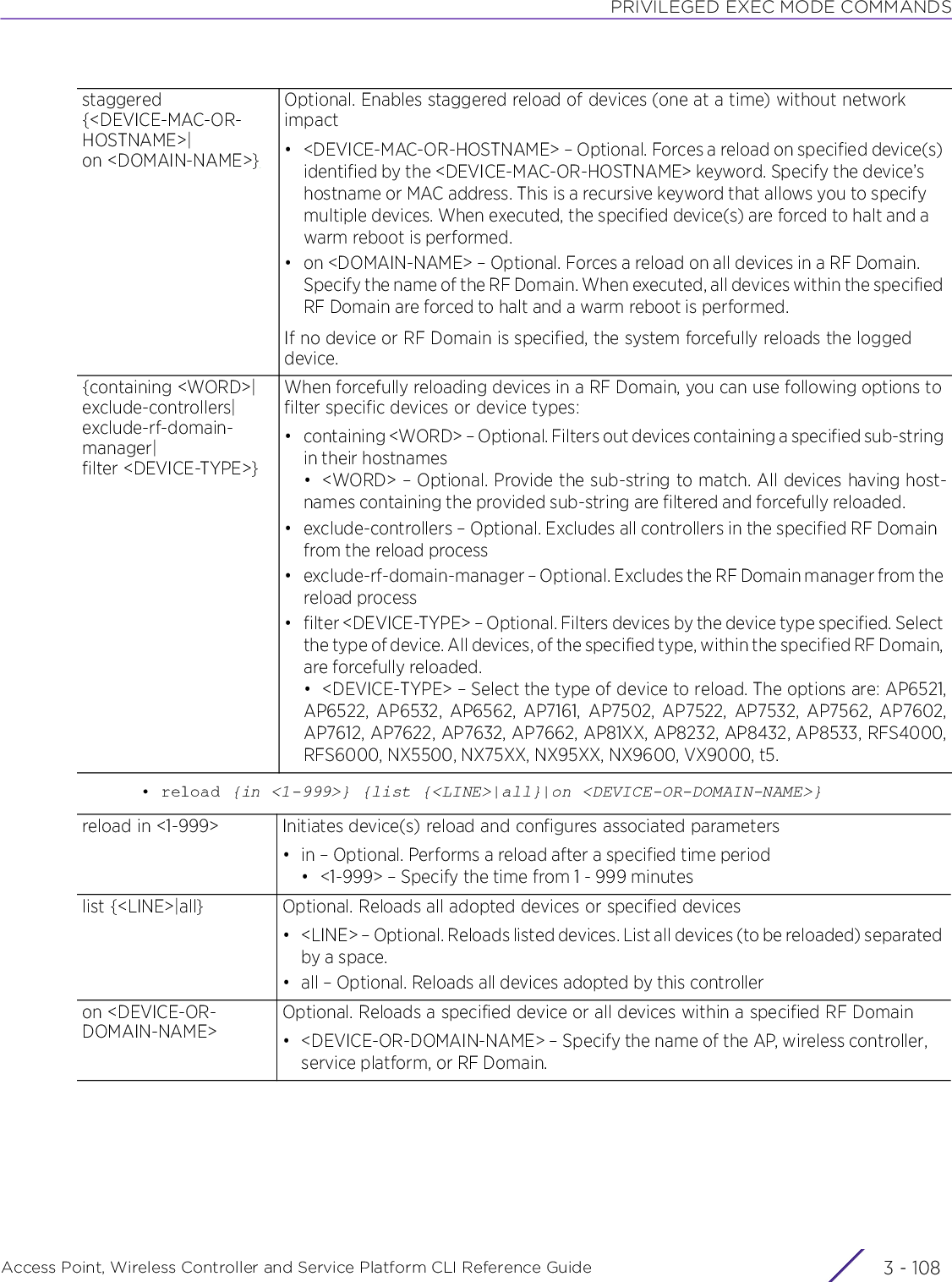 PRIVILEGED EXEC MODE COMMANDSAccess Point, Wireless Controller and Service Platform CLI Reference Guide  3 - 108• reload {in &lt;1-999&gt;} {list {&lt;LINE&gt;|all}|on &lt;DEVICE-OR-DOMAIN-NAME&gt;}staggered {&lt;DEVICE-MAC-OR-HOSTNAME&gt;|on &lt;DOMAIN-NAME&gt;}Optional. Enables staggered reload of devices (one at a time) without network impact• &lt;DEVICE-MAC-OR-HOSTNAME&gt; – Optional. Forces a reload on specified device(s) identified by the &lt;DEVICE-MAC-OR-HOSTNAME&gt; keyword. Specify the device’s hostname or MAC address. This is a recursive keyword that allows you to specify multiple devices. When executed, the specified device(s) are forced to halt and a warm reboot is performed.• on &lt;DOMAIN-NAME&gt; – Optional. Forces a reload on all devices in a RF Domain. Specify the name of the RF Domain. When executed, all devices within the specified RF Domain are forced to halt and a warm reboot is performed.If no device or RF Domain is specified, the system forcefully reloads the logged device.{containing &lt;WORD&gt;|exclude-controllers|exclude-rf-domain-manager|filter &lt;DEVICE-TYPE&gt;}When forcefully reloading devices in a RF Domain, you can use following options to filter specific devices or device types:• containing &lt;WORD&gt; – Optional. Filters out devices containing a specified sub-string in their hostnames• &lt;WORD&gt; – Optional. Provide the sub-string to match. All devices having host-names containing the provided sub-string are filtered and forcefully reloaded.• exclude-controllers – Optional. Excludes all controllers in the specified RF Domain from the reload process• exclude-rf-domain-manager – Optional. Excludes the RF Domain manager from the reload process• filter &lt;DEVICE-TYPE&gt; – Optional. Filters devices by the device type specified. Select the type of device. All devices, of the specified type, within the specified RF Domain, are forcefully reloaded.• &lt;DEVICE-TYPE&gt; – Select the type of device to reload. The options are: AP6521,AP6522, AP6532, AP6562, AP7161, AP7502, AP7522, AP7532, AP7562, AP7602,AP7612, AP7622, AP7632, AP7662, AP81XX, AP8232, AP8432, AP8533, RFS4000,RFS6000, NX5500, NX75XX, NX95XX, NX9600, VX9000, t5.reload in &lt;1-999&gt; Initiates device(s) reload and configures associated parameters• in – Optional. Performs a reload after a specified time period• &lt;1-999&gt; – Specify the time from 1 - 999 minuteslist {&lt;LINE&gt;|all} Optional. Reloads all adopted devices or specified devices• &lt;LINE&gt; – Optional. Reloads listed devices. List all devices (to be reloaded) separated by a space.• all – Optional. Reloads all devices adopted by this controlleron &lt;DEVICE-OR-DOMAIN-NAME&gt;Optional. Reloads a specified device or all devices within a specified RF Domain• &lt;DEVICE-OR-DOMAIN-NAME&gt; – Specify the name of the AP, wireless controller, service platform, or RF Domain.