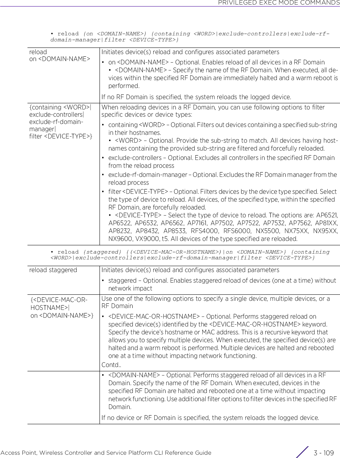 PRIVILEGED EXEC MODE COMMANDSAccess Point, Wireless Controller and Service Platform CLI Reference Guide 3 - 109• reload {on &lt;DOMAIN-NAME&gt;} {containing &lt;WORD&gt;|exclude-controllers|exclude-rf-domain-manager|filter &lt;DEVICE-TYPE&gt;}• reload {staggered} {(&lt;DEVICE-MAC-OR-HOSTNAME&gt;)|on &lt;DOMAIN-NAME&gt;} {containing &lt;WORD&gt;|exclude-controllers|exclude-rf-domain-manager|filter &lt;DEVICE-TYPE&gt;}reload on &lt;DOMAIN-NAME&gt;Initiates device(s) reload and configures associated parameters• on &lt;DOMAIN-NAME&gt; – Optional. Enables reload of all devices in a RF Domain• &lt;DOMAIN-NAME&gt; – Specify the name of the RF Domain. When executed, all de-vices within the specified RF Domain are immediately halted and a warm reboot isperformed.If no RF Domain is specified, the system reloads the logged device.{containing &lt;WORD&gt;|exclude-controllers|exclude-rf-domain-manager|filter &lt;DEVICE-TYPE&gt;}When reloading devices in a RF Domain, you can use following options to filter specific devices or device types:• containing &lt;WORD&gt; – Optional. Filters out devices containing a specified sub-string in their hostnames.• &lt;WORD&gt; – Optional. Provide the sub-string to match. All devices having host-names containing the provided sub-string are filtered and forcefully reloaded.• exclude-controllers – Optional. Excludes all controllers in the specified RF Domain from the reload process• exclude-rf-domain-manager – Optional. Excludes the RF Domain manager from the reload process• filter &lt;DEVICE-TYPE&gt; – Optional. Filters devices by the device type specified. Select the type of device to reload. All devices, of the specified type, within the specified RF Domain, are forcefully reloaded.• &lt;DEVICE-TYPE&gt; – Select the type of device to reload. The options are: AP6521,AP6522, AP6532, AP6562, AP7161, AP7502, AP7522, AP7532, AP7562, AP81XX,AP8232, AP8432, AP8533, RFS4000, RFS6000, NX5500, NX75XX, NX95XX,NX9600, VX9000, t5. All devices of the type specified are reloaded.reload staggered Initiates device(s) reload and configures associated parameters• staggered – Optional. Enables staggered reload of devices (one at a time) without network impact{&lt;DEVICE-MAC-OR-HOSTNAME&gt;|on &lt;DOMAIN-NAME&gt;}Use one of the following options to specify a single device, multiple devices, or a RF Domain• &lt;DEVICE-MAC-OR-HOSTNAME&gt; – Optional. Performs staggered reload on specified device(s) identified by the &lt;DEVICE-MAC-OR-HOSTNAME&gt; keyword. Specify the device’s hostname or MAC address. This is a recursive keyword that allows you to specify multiple devices. When executed, the specified device(s) are halted and a warm reboot is performed. Multiple devices are halted and rebooted one at a time without impacting network functioning.Contd..• &lt;DOMAIN-NAME&gt; – Optional. Performs staggered reload of all devices in a RF Domain. Specify the name of the RF Domain. When executed, devices in the specified RF Domain are halted and rebooted one at a time without impacting network functioning. Use additional filter options to filter devices in the specified RF Domain.If no device or RF Domain is specified, the system reloads the logged device.