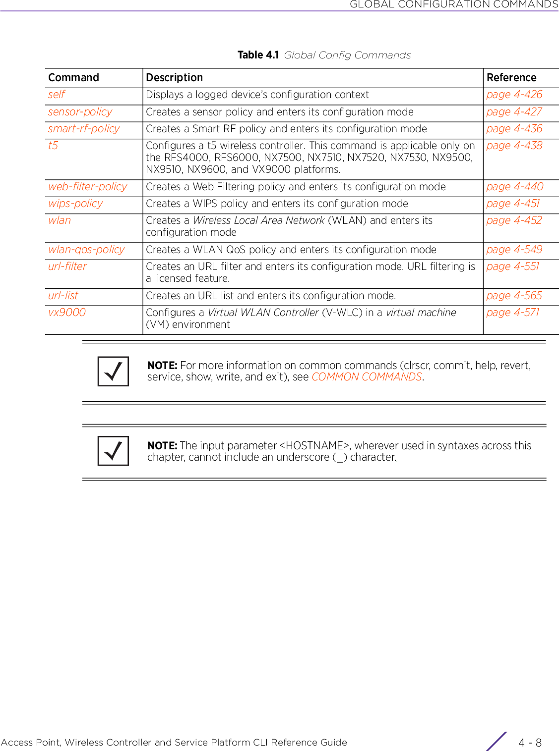 GLOBAL CONFIGURATION COMMANDSAccess Point, Wireless Controller and Service Platform CLI Reference Guide  4 - 8self Displays a logged device’s configuration context page 4-426sensor-policy Creates a sensor policy and enters its configuration mode page 4-427smart-rf-policy Creates a Smart RF policy and enters its configuration mode page 4-436t5 Configures a t5 wireless controller. This command is applicable only on the RFS4000, RFS6000, NX7500, NX7510, NX7520, NX7530, NX9500, NX9510, NX9600, and VX9000 platforms.page 4-438web-filter-policy Creates a Web Filtering policy and enters its configuration mode page 4-440wips-policy Creates a WIPS policy and enters its configuration mode page 4-451wlan Creates a Wireless Local Area Network (WLAN) and enters its configuration modepage 4-452wlan-qos-policy Creates a WLAN QoS policy and enters its configuration mode page 4-549url-filter Creates an URL filter and enters its configuration mode. URL filtering is a licensed feature.page 4-551url-list Creates an URL list and enters its configuration mode. page 4-565vx9000 Configures a Virtual WLAN Controller (V-WLC) in a virtual machine (VM) environmentpage 4-571Table 4.1 Global Config CommandsCommand Description ReferenceNOTE: For more information on common commands (clrscr, commit, help, revert, service, show, write, and exit), see COMMON COMMANDS.NOTE: The input parameter &lt;HOSTNAME&gt;, wherever used in syntaxes across this chapter, cannot include an underscore (_) character.