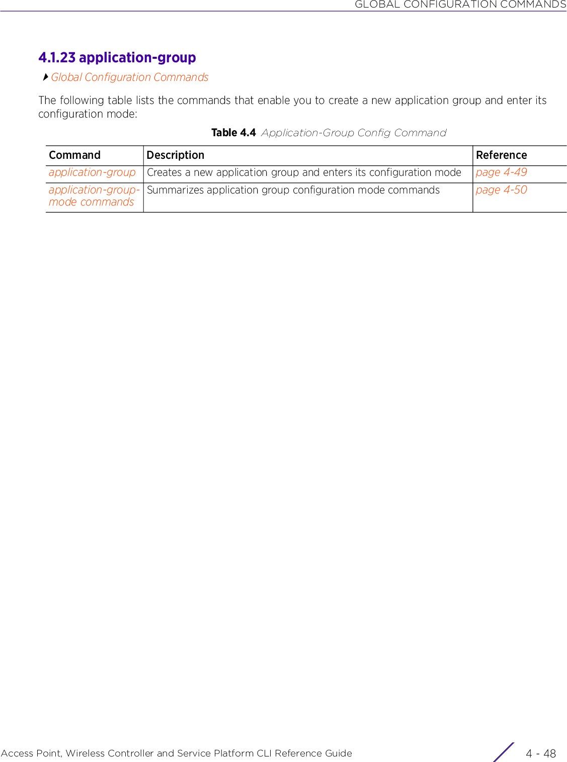 GLOBAL CONFIGURATION COMMANDSAccess Point, Wireless Controller and Service Platform CLI Reference Guide  4 - 484.1.23 application-groupGlobal Configuration CommandsThe following table lists the commands that enable you to create a new application group and enter its configuration mode:Table 4.4 Application-Group Config CommandCommand Description Referenceapplication-group Creates a new application group and enters its configuration mode page 4-49application-group-mode commandsSummarizes application group configuration mode commands page 4-50