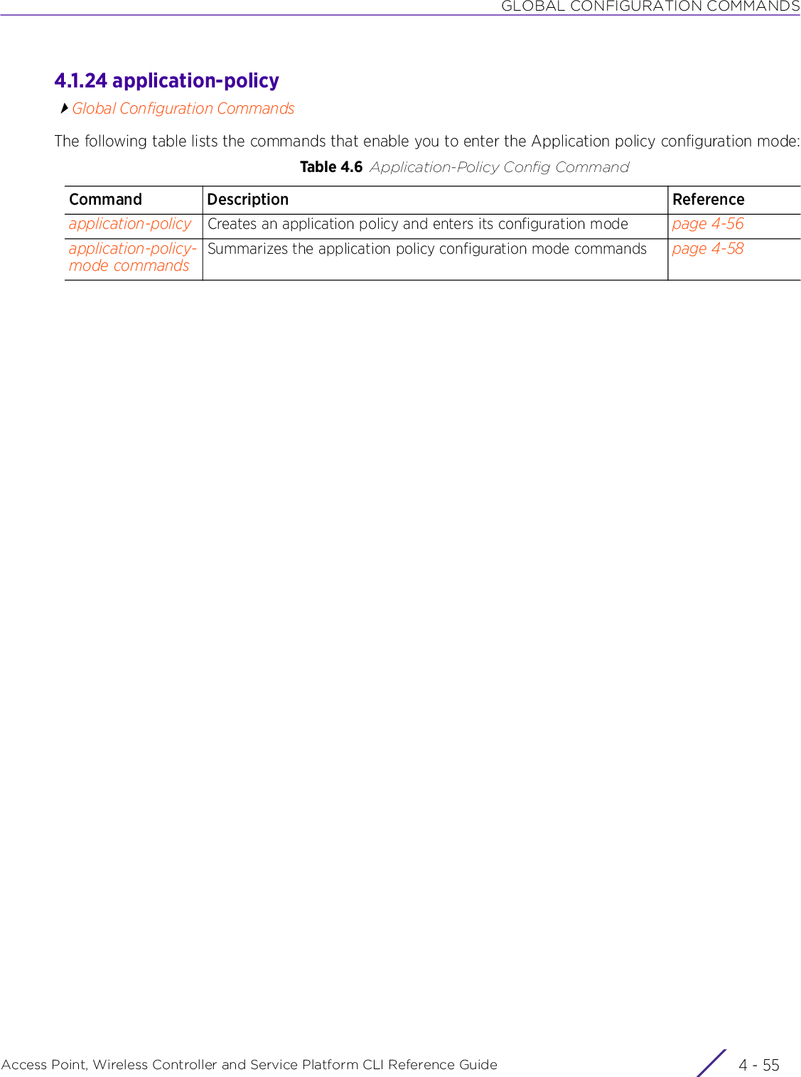 GLOBAL CONFIGURATION COMMANDSAccess Point, Wireless Controller and Service Platform CLI Reference Guide 4 - 554.1.24 application-policyGlobal Configuration CommandsThe following table lists the commands that enable you to enter the Application policy configuration mode:Table 4.6 Application-Policy Config CommandCommand Description Referenceapplication-policy Creates an application policy and enters its configuration mode page 4-56application-policy-mode commandsSummarizes the application policy configuration mode commands page 4-58