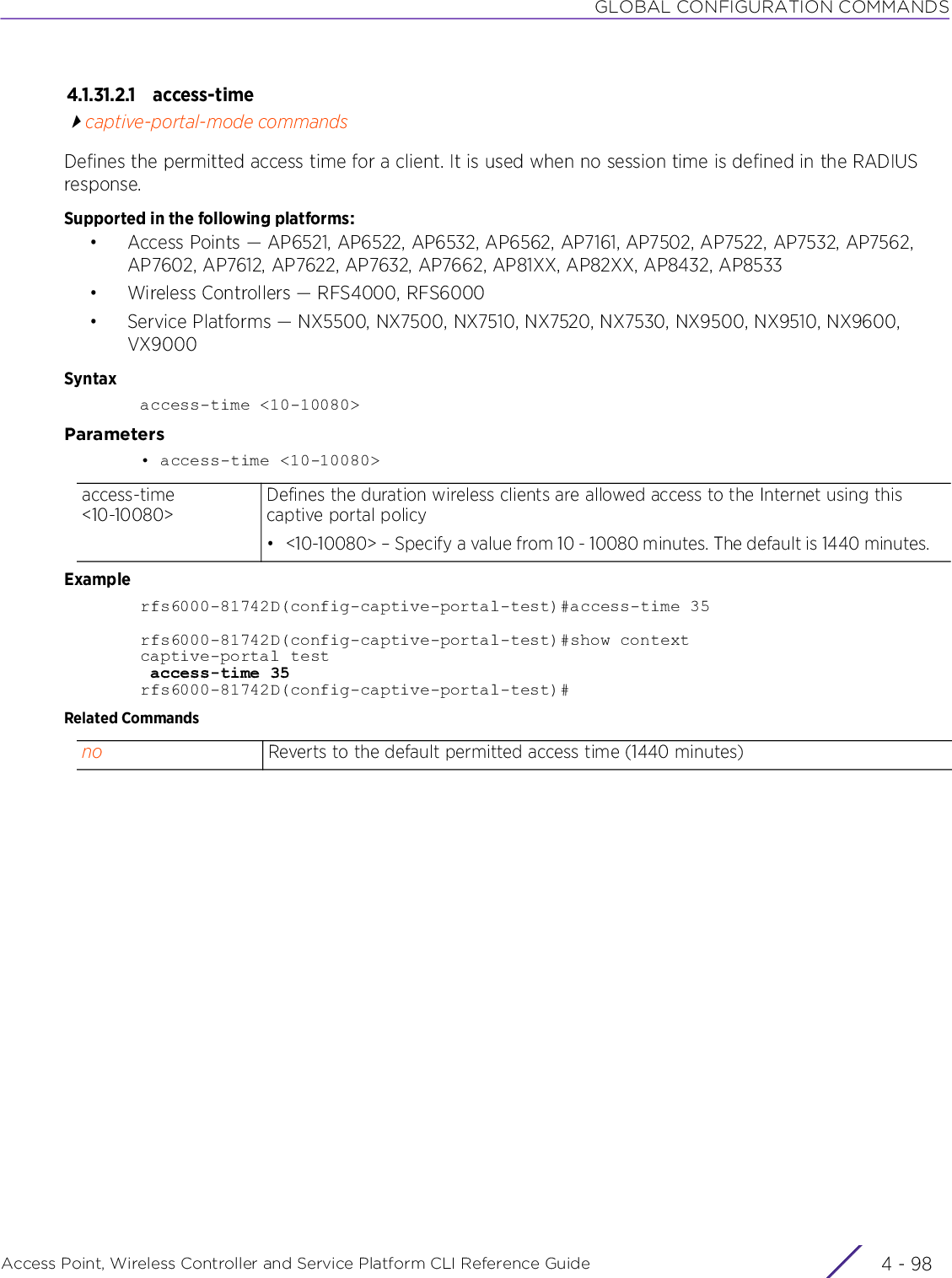 GLOBAL CONFIGURATION COMMANDSAccess Point, Wireless Controller and Service Platform CLI Reference Guide  4 - 984.1.31.2.1 access-timecaptive-portal-mode commandsDefines the permitted access time for a client. It is used when no session time is defined in the RADIUS response.Supported in the following platforms:• Access Points — AP6521, AP6522, AP6532, AP6562, AP7161, AP7502, AP7522, AP7532, AP7562, AP7602, AP7612, AP7622, AP7632, AP7662, AP81XX, AP82XX, AP8432, AP8533• Wireless Controllers — RFS4000, RFS6000• Service Platforms — NX5500, NX7500, NX7510, NX7520, NX7530, NX9500, NX9510, NX9600, VX9000Syntaxaccess-time &lt;10-10080&gt;Parameters• access-time &lt;10-10080&gt;Examplerfs6000-81742D(config-captive-portal-test)#access-time 35rfs6000-81742D(config-captive-portal-test)#show contextcaptive-portal test access-time 35rfs6000-81742D(config-captive-portal-test)#Related Commandsaccess-time &lt;10-10080&gt;Defines the duration wireless clients are allowed access to the Internet using this captive portal policy• &lt;10-10080&gt; – Specify a value from 10 - 10080 minutes. The default is 1440 minutes.no Reverts to the default permitted access time (1440 minutes)