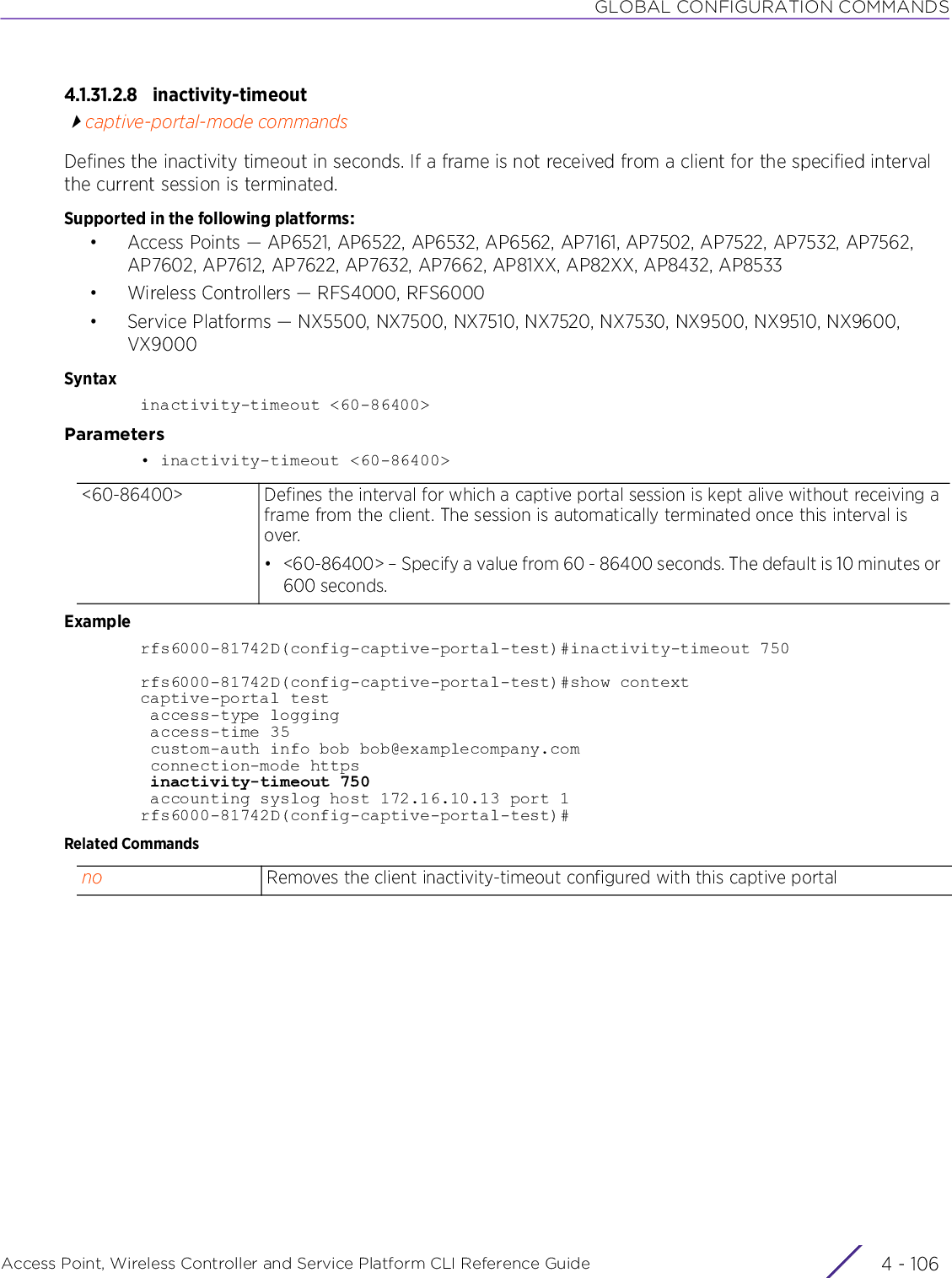 GLOBAL CONFIGURATION COMMANDSAccess Point, Wireless Controller and Service Platform CLI Reference Guide  4 - 1064.1.31.2.8 inactivity-timeoutcaptive-portal-mode commandsDefines the inactivity timeout in seconds. If a frame is not received from a client for the specified interval the current session is terminated.Supported in the following platforms:• Access Points — AP6521, AP6522, AP6532, AP6562, AP7161, AP7502, AP7522, AP7532, AP7562, AP7602, AP7612, AP7622, AP7632, AP7662, AP81XX, AP82XX, AP8432, AP8533• Wireless Controllers — RFS4000, RFS6000• Service Platforms — NX5500, NX7500, NX7510, NX7520, NX7530, NX9500, NX9510, NX9600, VX9000Syntaxinactivity-timeout &lt;60-86400&gt;Parameters• inactivity-timeout &lt;60-86400&gt;Examplerfs6000-81742D(config-captive-portal-test)#inactivity-timeout 750rfs6000-81742D(config-captive-portal-test)#show contextcaptive-portal test access-type logging access-time 35 custom-auth info bob bob@examplecompany.com connection-mode https inactivity-timeout 750 accounting syslog host 172.16.10.13 port 1rfs6000-81742D(config-captive-portal-test)#Related Commands&lt;60-86400&gt; Defines the interval for which a captive portal session is kept alive without receiving a frame from the client. The session is automatically terminated once this interval is over. • &lt;60-86400&gt; – Specify a value from 60 - 86400 seconds. The default is 10 minutes or 600 seconds.no Removes the client inactivity-timeout configured with this captive portal