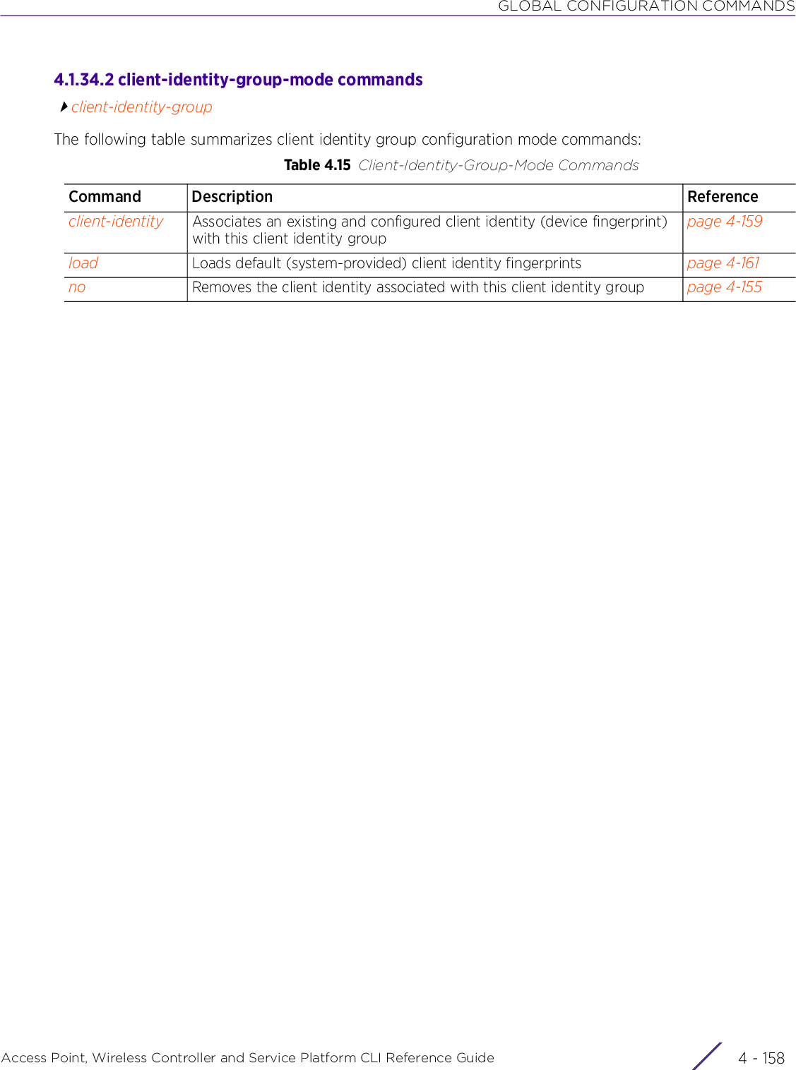 GLOBAL CONFIGURATION COMMANDSAccess Point, Wireless Controller and Service Platform CLI Reference Guide  4 - 1584.1.34.2 client-identity-group-mode commandsclient-identity-groupThe following table summarizes client identity group configuration mode commands:Table 4.15 Client-Identity-Group-Mode CommandsCommand Description Referenceclient-identity Associates an existing and configured client identity (device fingerprint) with this client identity grouppage 4-159load Loads default (system-provided) client identity fingerprints page 4-161no Removes the client identity associated with this client identity group page 4-155