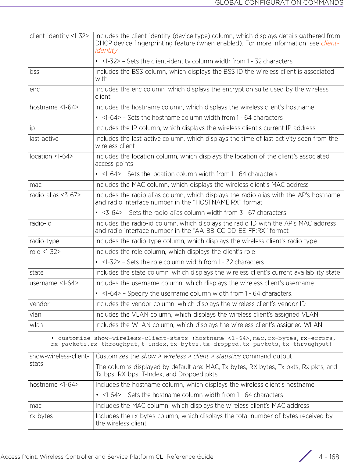 GLOBAL CONFIGURATION COMMANDSAccess Point, Wireless Controller and Service Platform CLI Reference Guide  4 - 168• customize show-wireless-client-stats (hostname &lt;1-64&gt;,mac,rx-bytes,rx-errors,rx-packets,rx-throughput,t-index,tx-bytes,tx-dropped,tx-packets,tx-throughput)client-identity &lt;1-32&gt; Includes the client-identity (device type) column, which displays details gathered from DHCP device fingerprinting feature (when enabled). For more information, see client-identity.• &lt;1-32&gt; – Sets the client-identity column width from 1 - 32 charactersbss Includes the BSS column, which displays the BSS ID the wireless client is associated withenc Includes the enc column, which displays the encryption suite used by the wireless clienthostname &lt;1-64&gt; Includes the hostname column, which displays the wireless client’s hostname• &lt;1-64&gt; – Sets the hostname column width from 1 - 64 charactersip Includes the IP column, which displays the wireless client’s current IP addresslast-active Includes the last-active column, which displays the time of last activity seen from the wireless clientlocation &lt;1-64&gt; Includes the location column, which displays the location of the client’s associated access points• &lt;1-64&gt; – Sets the location column width from 1 - 64 charactersmac Includes the MAC column, which displays the wireless client’s MAC addressradio-alias &lt;3-67&gt; Includes the radio-alias column, which displays the radio alias with the AP&apos;s hostname and radio interface number in the “HOSTNAME:RX” format• &lt;3-64&gt; – Sets the radio-alias column width from 3 - 67 charactersradio-id Includes the radio-id column, which displays the radio ID with the AP’s MAC address and radio interface number in the “AA-BB-CC-DD-EE-FF:RX” formatradio-type Includes the radio-type column, which displays the wireless client’s radio typerole &lt;1-32&gt; Includes the role column, which displays the client’s role• &lt;1-32&gt; – Sets the role column width from 1 - 32 charactersstate Includes the state column, which displays the wireless client’s current availability stateusername &lt;1-64&gt; Includes the username column, which displays the wireless client’s username• &lt;1-64&gt; – Specify the username column width from 1 - 64 characters.vendor Includes the vendor column, which displays the wireless client’s vendor IDvlan Includes the VLAN column, which displays the wireless client’s assigned VLANwlan Includes the WLAN column, which displays the wireless client’s assigned WLANshow-wireless-client-statsCustomizes the show &gt; wireless &gt; client &gt; statistics command outputThe columns displayed by default are: MAC, Tx bytes, RX bytes, Tx pkts, Rx pkts, and Tx bps, RX bps, T-Index, and Dropped pkts.hostname &lt;1-64&gt; Includes the hostname column, which displays the wireless client’s hostname• &lt;1-64&gt; – Sets the hostname column width from 1 - 64 charactersmac Includes the MAC column, which displays the wireless client’s MAC addressrx-bytes Includes the rx-bytes column, which displays the total number of bytes received by the wireless client