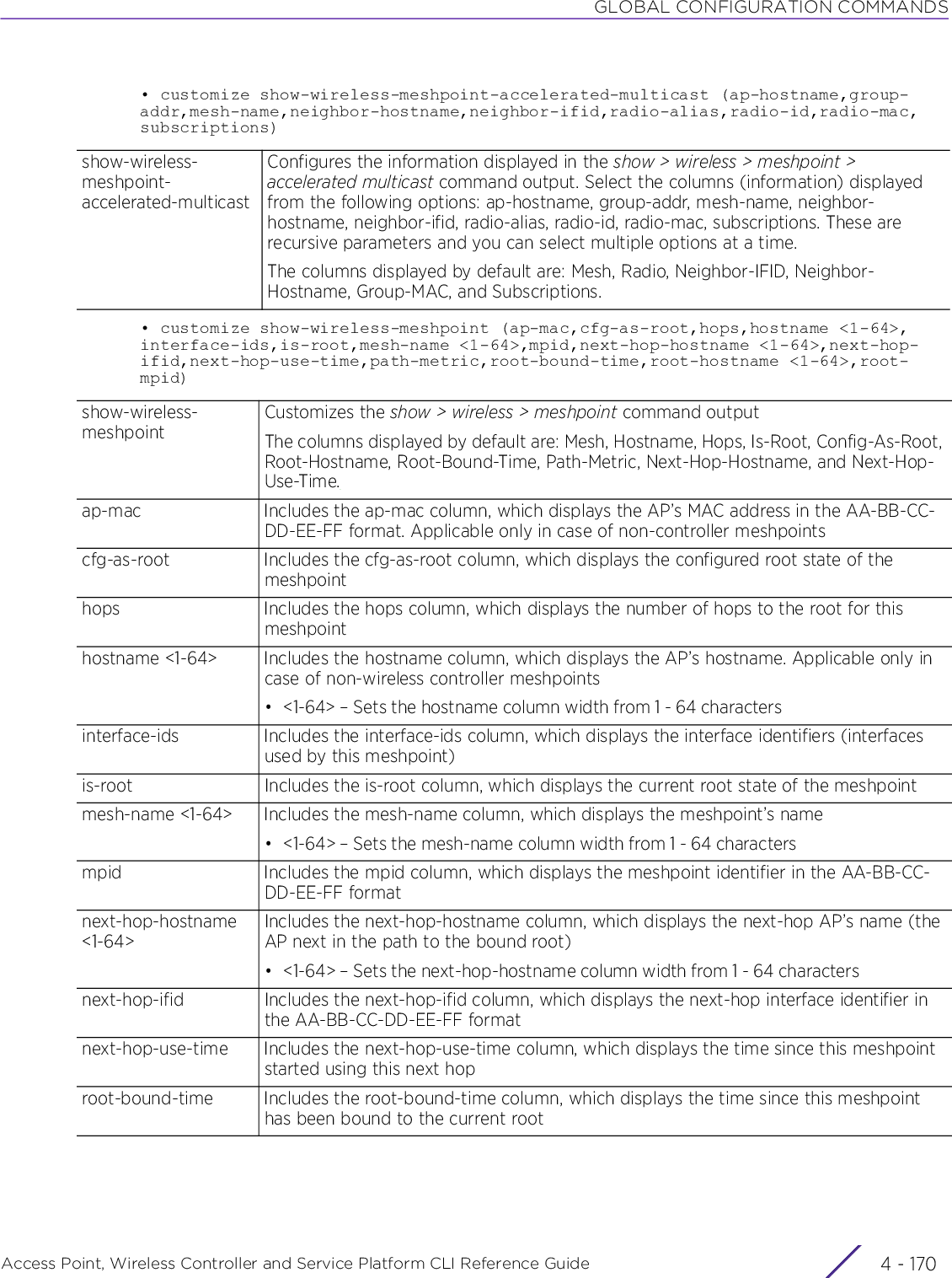 GLOBAL CONFIGURATION COMMANDSAccess Point, Wireless Controller and Service Platform CLI Reference Guide  4 - 170• customize show-wireless-meshpoint-accelerated-multicast (ap-hostname,group-addr,mesh-name,neighbor-hostname,neighbor-ifid,radio-alias,radio-id,radio-mac,subscriptions)• customize show-wireless-meshpoint (ap-mac,cfg-as-root,hops,hostname &lt;1-64&gt;,interface-ids,is-root,mesh-name &lt;1-64&gt;,mpid,next-hop-hostname &lt;1-64&gt;,next-hop-ifid,next-hop-use-time,path-metric,root-bound-time,root-hostname &lt;1-64&gt;,root-mpid)show-wireless-meshpoint-accelerated-multicastConfigures the information displayed in the show &gt; wireless &gt; meshpoint &gt; accelerated multicast command output. Select the columns (information) displayed from the following options: ap-hostname, group-addr, mesh-name, neighbor-hostname, neighbor-ifid, radio-alias, radio-id, radio-mac, subscriptions. These are recursive parameters and you can select multiple options at a time.The columns displayed by default are: Mesh, Radio, Neighbor-IFID, Neighbor-Hostname, Group-MAC, and Subscriptions.show-wireless-meshpointCustomizes the show &gt; wireless &gt; meshpoint command outputThe columns displayed by default are: Mesh, Hostname, Hops, Is-Root, Config-As-Root, Root-Hostname, Root-Bound-Time, Path-Metric, Next-Hop-Hostname, and Next-Hop-Use-Time.ap-mac Includes the ap-mac column, which displays the AP’s MAC address in the AA-BB-CC-DD-EE-FF format. Applicable only in case of non-controller meshpointscfg-as-root Includes the cfg-as-root column, which displays the configured root state of the meshpointhops Includes the hops column, which displays the number of hops to the root for this meshpointhostname &lt;1-64&gt; Includes the hostname column, which displays the AP’s hostname. Applicable only in case of non-wireless controller meshpoints• &lt;1-64&gt; – Sets the hostname column width from 1 - 64 charactersinterface-ids Includes the interface-ids column, which displays the interface identifiers (interfaces used by this meshpoint)is-root Includes the is-root column, which displays the current root state of the meshpointmesh-name &lt;1-64&gt; Includes the mesh-name column, which displays the meshpoint’s name• &lt;1-64&gt; – Sets the mesh-name column width from 1 - 64 charactersmpid Includes the mpid column, which displays the meshpoint identifier in the AA-BB-CC-DD-EE-FF formatnext-hop-hostname &lt;1-64&gt;Includes the next-hop-hostname column, which displays the next-hop AP’s name (the AP next in the path to the bound root)• &lt;1-64&gt; – Sets the next-hop-hostname column width from 1 - 64 charactersnext-hop-ifid Includes the next-hop-ifid column, which displays the next-hop interface identifier in the AA-BB-CC-DD-EE-FF formatnext-hop-use-time Includes the next-hop-use-time column, which displays the time since this meshpoint started using this next hoproot-bound-time Includes the root-bound-time column, which displays the time since this meshpoint has been bound to the current root