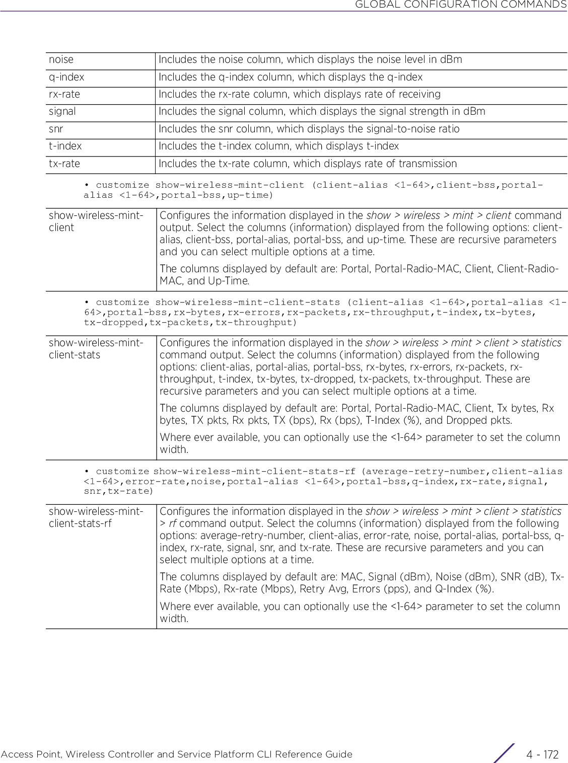 GLOBAL CONFIGURATION COMMANDSAccess Point, Wireless Controller and Service Platform CLI Reference Guide  4 - 172• customize show-wireless-mint-client (client-alias &lt;1-64&gt;,client-bss,portal-alias &lt;1-64&gt;,portal-bss,up-time)• customize show-wireless-mint-client-stats (client-alias &lt;1-64&gt;,portal-alias &lt;1-64&gt;,portal-bss,rx-bytes,rx-errors,rx-packets,rx-throughput,t-index,tx-bytes,tx-dropped,tx-packets,tx-throughput)• customize show-wireless-mint-client-stats-rf (average-retry-number,client-alias &lt;1-64&gt;,error-rate,noise,portal-alias &lt;1-64&gt;,portal-bss,q-index,rx-rate,signal,snr,tx-rate)noise Includes the noise column, which displays the noise level in dBmq-index Includes the q-index column, which displays the q-indexrx-rate Includes the rx-rate column, which displays rate of receivingsignal Includes the signal column, which displays the signal strength in dBmsnr Includes the snr column, which displays the signal-to-noise ratiot-index Includes the t-index column, which displays t-indextx-rate Includes the tx-rate column, which displays rate of transmissionshow-wireless-mint-clientConfigures the information displayed in the show &gt; wireless &gt; mint &gt; client command output. Select the columns (information) displayed from the following options: client-alias, client-bss, portal-alias, portal-bss, and up-time. These are recursive parameters and you can select multiple options at a time.The columns displayed by default are: Portal, Portal-Radio-MAC, Client, Client-Radio-MAC, and Up-Time.show-wireless-mint-client-statsConfigures the information displayed in the show &gt; wireless &gt; mint &gt; client &gt; statistics command output. Select the columns (information) displayed from the following options: client-alias, portal-alias, portal-bss, rx-bytes, rx-errors, rx-packets, rx-throughput, t-index, tx-bytes, tx-dropped, tx-packets, tx-throughput. These are recursive parameters and you can select multiple options at a time.The columns displayed by default are: Portal, Portal-Radio-MAC, Client, Tx bytes, Rx bytes, TX pkts, Rx pkts, TX (bps), Rx (bps), T-Index (%), and Dropped pkts.Where ever available, you can optionally use the &lt;1-64&gt; parameter to set the column width.show-wireless-mint-client-stats-rfConfigures the information displayed in the show &gt; wireless &gt; mint &gt; client &gt; statistics &gt; rf command output. Select the columns (information) displayed from the following options: average-retry-number, client-alias, error-rate, noise, portal-alias, portal-bss, q-index, rx-rate, signal, snr, and tx-rate. These are recursive parameters and you can select multiple options at a time.The columns displayed by default are: MAC, Signal (dBm), Noise (dBm), SNR (dB), Tx-Rate (Mbps), Rx-rate (Mbps), Retry Avg, Errors (pps), and Q-Index (%).Where ever available, you can optionally use the &lt;1-64&gt; parameter to set the column width.