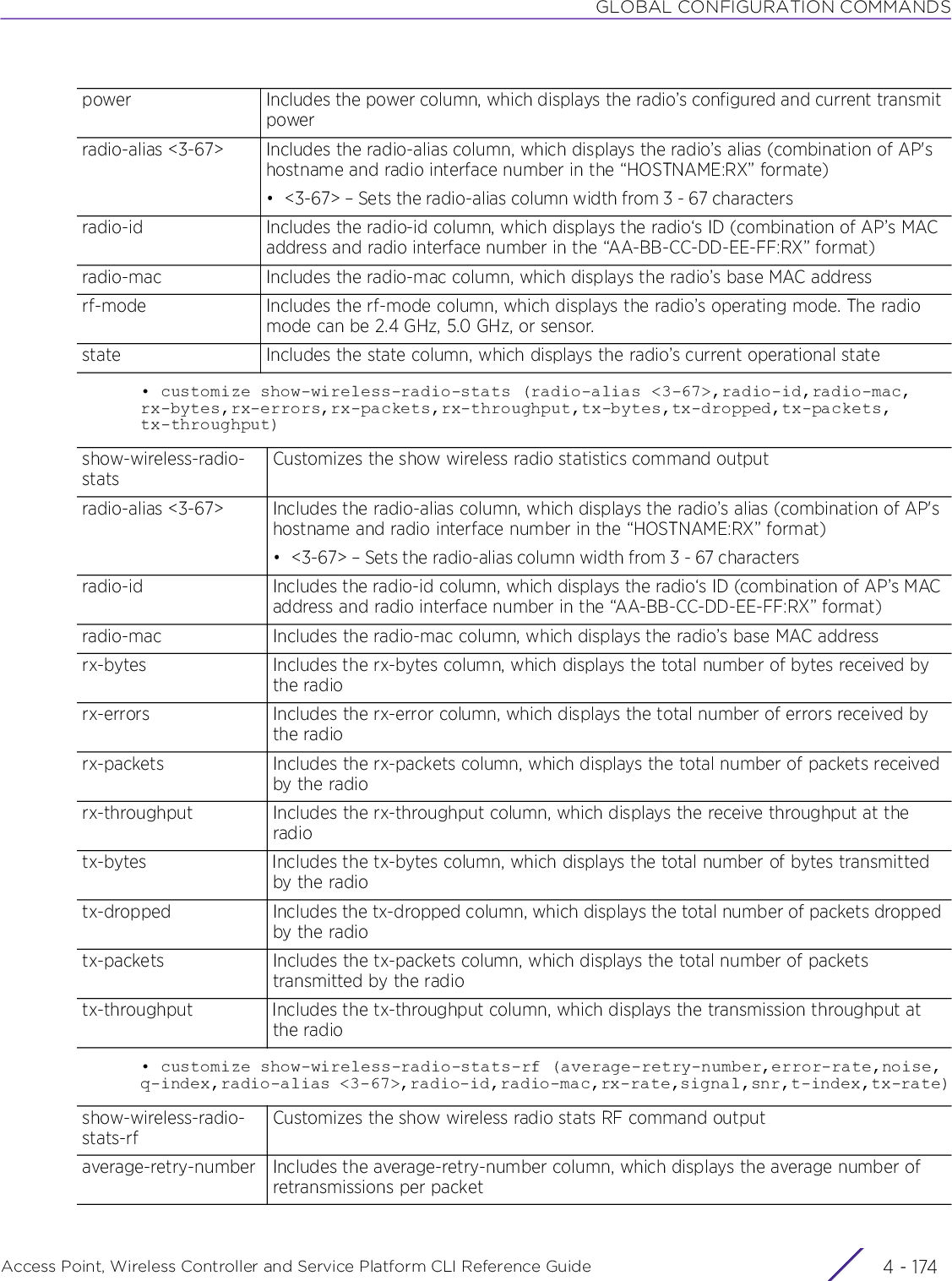 GLOBAL CONFIGURATION COMMANDSAccess Point, Wireless Controller and Service Platform CLI Reference Guide  4 - 174• customize show-wireless-radio-stats (radio-alias &lt;3-67&gt;,radio-id,radio-mac,rx-bytes,rx-errors,rx-packets,rx-throughput,tx-bytes,tx-dropped,tx-packets,tx-throughput)• customize show-wireless-radio-stats-rf (average-retry-number,error-rate,noise,q-index,radio-alias &lt;3-67&gt;,radio-id,radio-mac,rx-rate,signal,snr,t-index,tx-rate)power Includes the power column, which displays the radio’s configured and current transmit powerradio-alias &lt;3-67&gt; Includes the radio-alias column, which displays the radio’s alias (combination of AP&apos;s hostname and radio interface number in the “HOSTNAME:RX” formate)• &lt;3-67&gt; – Sets the radio-alias column width from 3 - 67 charactersradio-id Includes the radio-id column, which displays the radio‘s ID (combination of AP’s MAC address and radio interface number in the “AA-BB-CC-DD-EE-FF:RX” format)radio-mac Includes the radio-mac column, which displays the radio’s base MAC addressrf-mode Includes the rf-mode column, which displays the radio’s operating mode. The radio mode can be 2.4 GHz, 5.0 GHz, or sensor.state Includes the state column, which displays the radio’s current operational stateshow-wireless-radio-statsCustomizes the show wireless radio statistics command outputradio-alias &lt;3-67&gt; Includes the radio-alias column, which displays the radio’s alias (combination of AP&apos;s hostname and radio interface number in the “HOSTNAME:RX” format)• &lt;3-67&gt; – Sets the radio-alias column width from 3 - 67 charactersradio-id Includes the radio-id column, which displays the radio‘s ID (combination of AP’s MAC address and radio interface number in the “AA-BB-CC-DD-EE-FF:RX” format)radio-mac Includes the radio-mac column, which displays the radio’s base MAC addressrx-bytes Includes the rx-bytes column, which displays the total number of bytes received by the radiorx-errors Includes the rx-error column, which displays the total number of errors received by the radiorx-packets Includes the rx-packets column, which displays the total number of packets received by the radiorx-throughput Includes the rx-throughput column, which displays the receive throughput at the radiotx-bytes Includes the tx-bytes column, which displays the total number of bytes transmitted by the radiotx-dropped Includes the tx-dropped column, which displays the total number of packets dropped by the radiotx-packets Includes the tx-packets column, which displays the total number of packets transmitted by the radiotx-throughput Includes the tx-throughput column, which displays the transmission throughput at the radioshow-wireless-radio-stats-rfCustomizes the show wireless radio stats RF command outputaverage-retry-number Includes the average-retry-number column, which displays the average number of retransmissions per packet