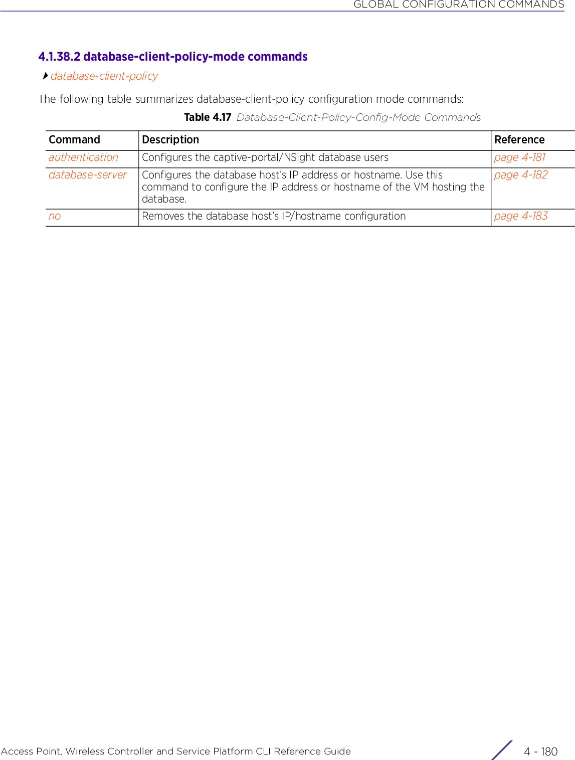 GLOBAL CONFIGURATION COMMANDSAccess Point, Wireless Controller and Service Platform CLI Reference Guide  4 - 1804.1.38.2 database-client-policy-mode commandsdatabase-client-policyThe following table summarizes database-client-policy configuration mode commands:Table 4.17 Database-Client-Policy-Config-Mode CommandsCommand Description Referenceauthentication Configures the captive-portal/NSight database users page 4-181database-server Configures the database host’s IP address or hostname. Use this command to configure the IP address or hostname of the VM hosting the database.page 4-182no Removes the database host’s IP/hostname configuration page 4-183