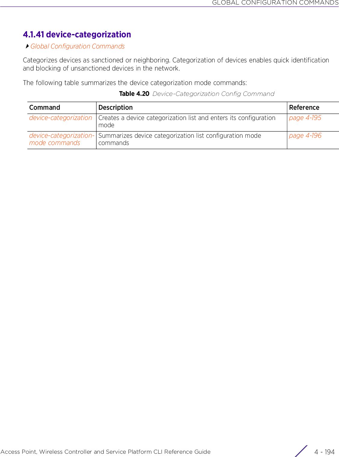 GLOBAL CONFIGURATION COMMANDSAccess Point, Wireless Controller and Service Platform CLI Reference Guide  4 - 1944.1.41 device-categorizationGlobal Configuration CommandsCategorizes devices as sanctioned or neighboring. Categorization of devices enables quick identification and blocking of unsanctioned devices in the network.The following table summarizes the device categorization mode commands:Table 4.20 Device-Categorization Config CommandCommand Description Referencedevice-categorization Creates a device categorization list and enters its configuration modepage 4-195device-categorization-mode commandsSummarizes device categorization list configuration mode commandspage 4-196