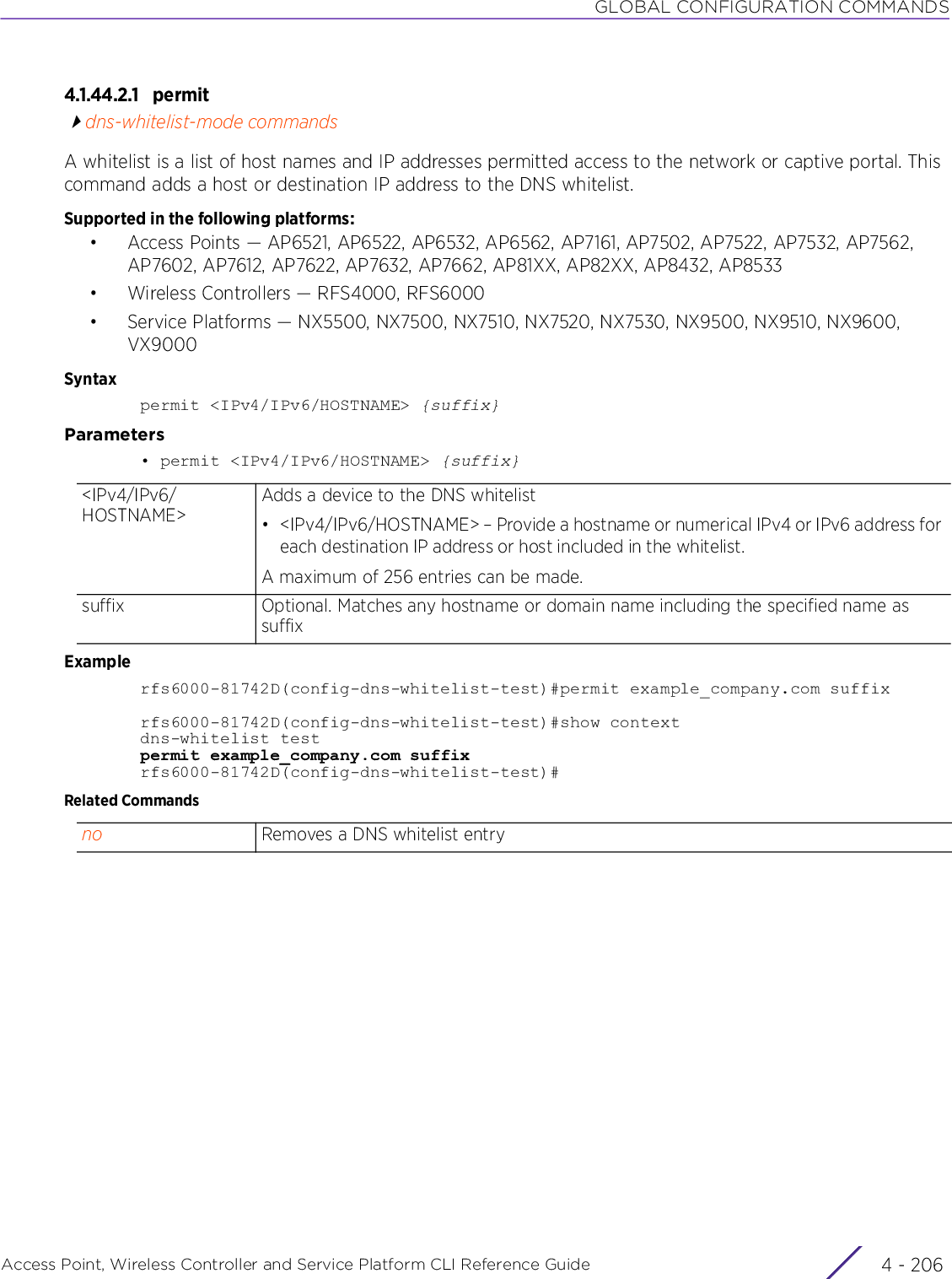 GLOBAL CONFIGURATION COMMANDSAccess Point, Wireless Controller and Service Platform CLI Reference Guide  4 - 2064.1.44.2.1 permitdns-whitelist-mode commandsA whitelist is a list of host names and IP addresses permitted access to the network or captive portal. This command adds a host or destination IP address to the DNS whitelist.Supported in the following platforms:• Access Points — AP6521, AP6522, AP6532, AP6562, AP7161, AP7502, AP7522, AP7532, AP7562, AP7602, AP7612, AP7622, AP7632, AP7662, AP81XX, AP82XX, AP8432, AP8533• Wireless Controllers — RFS4000, RFS6000• Service Platforms — NX5500, NX7500, NX7510, NX7520, NX7530, NX9500, NX9510, NX9600, VX9000Syntaxpermit &lt;IPv4/IPv6/HOSTNAME&gt; {suffix}Parameters• permit &lt;IPv4/IPv6/HOSTNAME&gt; {suffix}Examplerfs6000-81742D(config-dns-whitelist-test)#permit example_company.com suffixrfs6000-81742D(config-dns-whitelist-test)#show contextdns-whitelist testpermit example_company.com suffixrfs6000-81742D(config-dns-whitelist-test)#Related Commands&lt;IPv4/IPv6/HOSTNAME&gt;Adds a device to the DNS whitelist• &lt;IPv4/IPv6/HOSTNAME&gt; – Provide a hostname or numerical IPv4 or IPv6 address for each destination IP address or host included in the whitelist.A maximum of 256 entries can be made.suffix Optional. Matches any hostname or domain name including the specified name as suffixno Removes a DNS whitelist entry