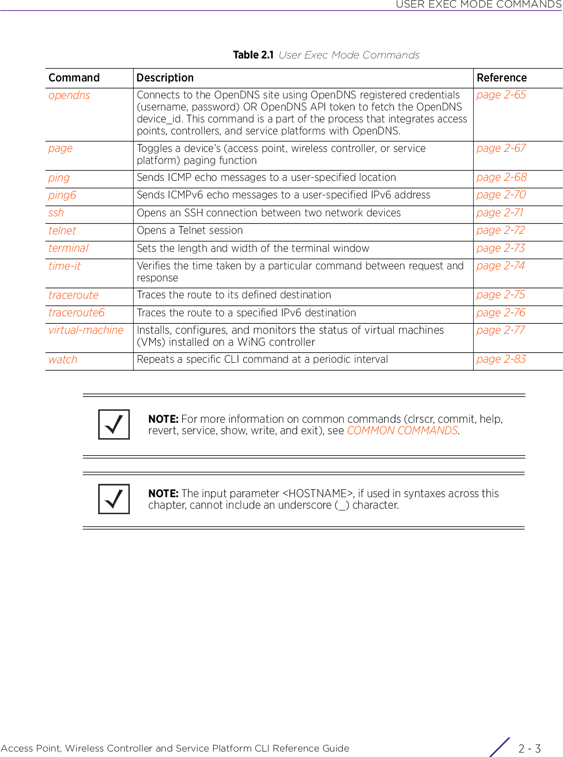 USER EXEC MODE COMMANDSAccess Point, Wireless Controller and Service Platform CLI Reference Guide 2 - 3opendns Connects to the OpenDNS site using OpenDNS registered credentials (username, password) OR OpenDNS API token to fetch the OpenDNS device_id. This command is a part of the process that integrates access points, controllers, and service platforms with OpenDNS.page 2-65page Toggles a device’s (access point, wireless controller, or service platform) paging functionpage 2-67ping Sends ICMP echo messages to a user-specified location page 2-68ping6 Sends ICMPv6 echo messages to a user-specified IPv6 address page 2-70ssh Opens an SSH connection between two network devices page 2-71telnet Opens a Telnet session page 2-72terminal Sets the length and width of the terminal window page 2-73time-it Verifies the time taken by a particular command between request and responsepage 2-74traceroute Traces the route to its defined destination page 2-75traceroute6 Traces the route to a specified IPv6 destination page 2-76virtual-machine Installs, configures, and monitors the status of virtual machines (VMs) installed on a WiNG controllerpage 2-77watch Repeats a specific CLI command at a periodic interval page 2-83Table 2.1 User Exec Mode CommandsCommand Description ReferenceNOTE: For more information on common commands (clrscr, commit, help, revert, service, show, write, and exit), see COMMON COMMANDS.NOTE: The input parameter &lt;HOSTNAME&gt;, if used in syntaxes across this chapter, cannot include an underscore (_) character.