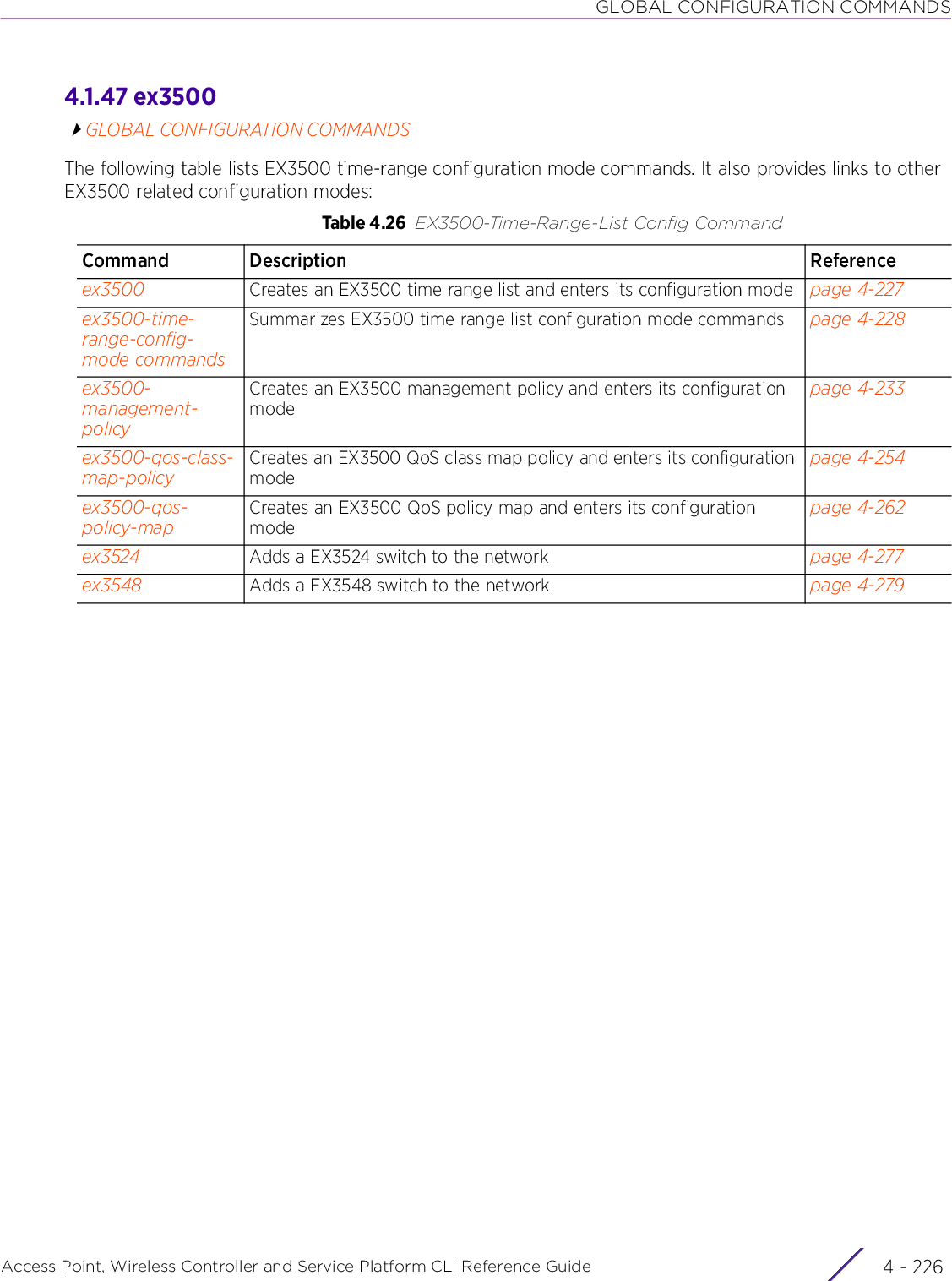 GLOBAL CONFIGURATION COMMANDSAccess Point, Wireless Controller and Service Platform CLI Reference Guide  4 - 2264.1.47 ex3500GLOBAL CONFIGURATION COMMANDSThe following table lists EX3500 time-range configuration mode commands. It also provides links to other EX3500 related configuration modes:Table 4.26 EX3500-Time-Range-List Config CommandCommand Description Referenceex3500 Creates an EX3500 time range list and enters its configuration mode page 4-227ex3500-time-range-config-mode commandsSummarizes EX3500 time range list configuration mode commands page 4-228ex3500-management-policyCreates an EX3500 management policy and enters its configuration modepage 4-233ex3500-qos-class-map-policyCreates an EX3500 QoS class map policy and enters its configuration modepage 4-254ex3500-qos-policy-mapCreates an EX3500 QoS policy map and enters its configuration modepage 4-262ex3524 Adds a EX3524 switch to the network page 4-277ex3548 Adds a EX3548 switch to the network page 4-279