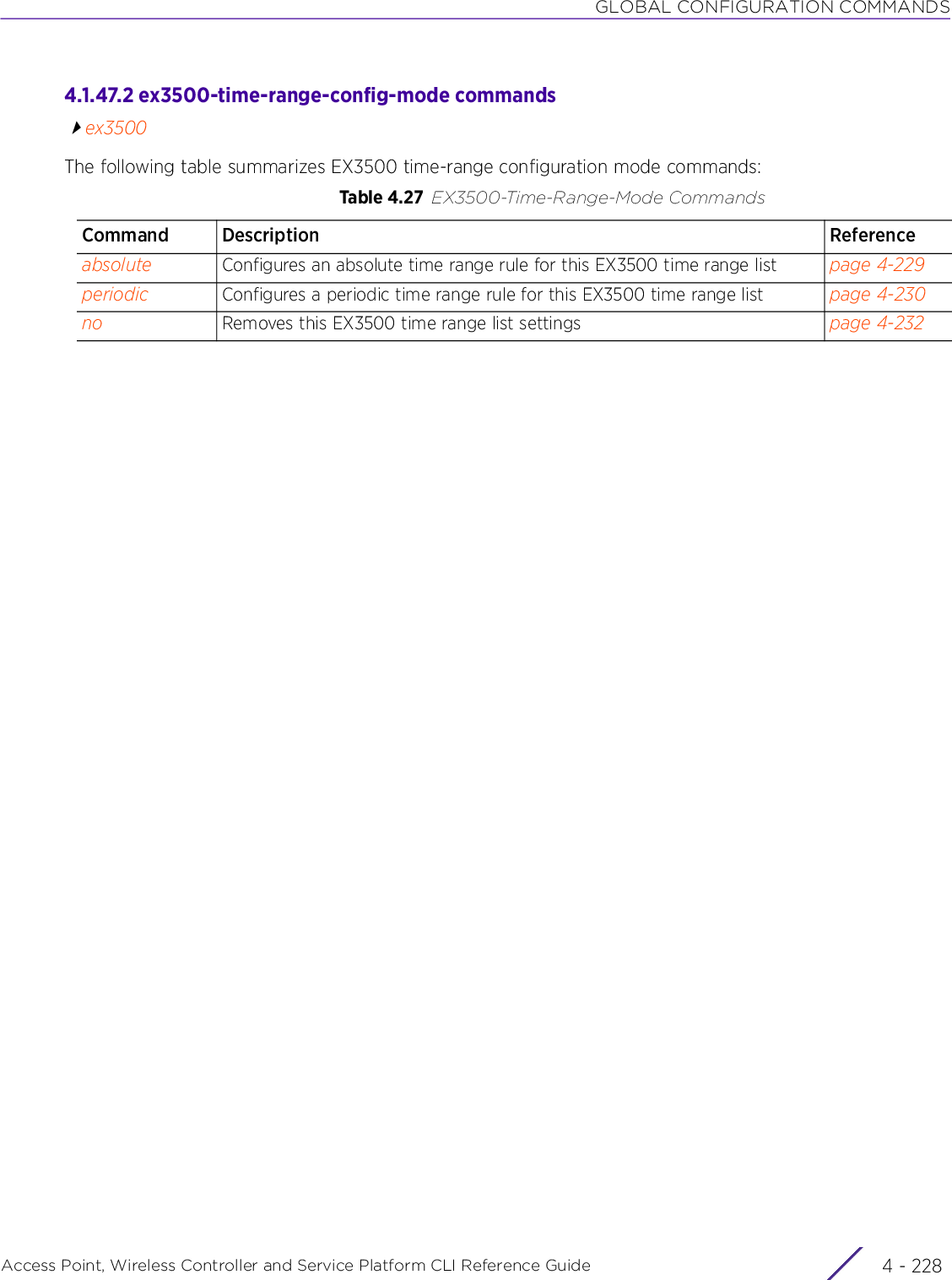 GLOBAL CONFIGURATION COMMANDSAccess Point, Wireless Controller and Service Platform CLI Reference Guide  4 - 2284.1.47.2 ex3500-time-range-config-mode commandsex3500The following table summarizes EX3500 time-range configuration mode commands:Table 4.27 EX3500-Time-Range-Mode CommandsCommand Description Referenceabsolute Configures an absolute time range rule for this EX3500 time range list page 4-229periodic Configures a periodic time range rule for this EX3500 time range list page 4-230no Removes this EX3500 time range list settings page 4-232