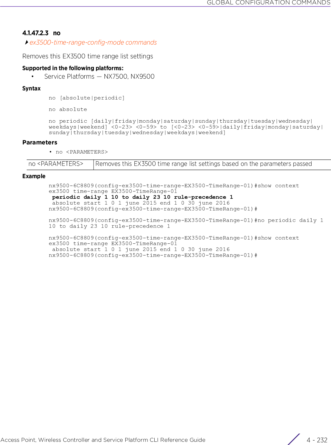 GLOBAL CONFIGURATION COMMANDSAccess Point, Wireless Controller and Service Platform CLI Reference Guide  4 - 2324.1.47.2.3 noex3500-time-range-config-mode commandsRemoves this EX3500 time range list settingsSupported in the following platforms:• Service Platforms — NX7500, NX9500Syntaxno [absolute|periodic]no absoluteno periodic [daily|friday|monday|saturday|sunday|thursday|tuesday|wednesday|weekdays|weekend] &lt;0-23&gt; &lt;0-59&gt; to [&lt;0-23&gt; &lt;0-59&gt;|daily|friday|monday|saturday|sunday|thursday|tuesday|wednesday|weekdays|weekend]Parameters• no &lt;PARAMETERS&gt;Examplenx9500-6C8809(config-ex3500-time-range-EX3500-TimeRange-01)#show contextex3500 time-range EX3500-TimeRange-01 periodic daily 1 10 to daily 23 10 rule-precedence 1 absolute start 1 0 1 june 2015 end 1 0 30 june 2016nx9500-6C8809(config-ex3500-time-range-EX3500-TimeRange-01)#nx9500-6C8809(config-ex3500-time-range-EX3500-TimeRange-01)#no periodic daily 110 to daily 23 10 rule-precedence 1nx9500-6C8809(config-ex3500-time-range-EX3500-TimeRange-01)#show contextex3500 time-range EX3500-TimeRange-01 absolute start 1 0 1 june 2015 end 1 0 30 june 2016nx9500-6C8809(config-ex3500-time-range-EX3500-TimeRange-01)#no &lt;PARAMETERS&gt; Removes this EX3500 time range list settings based on the parameters passed