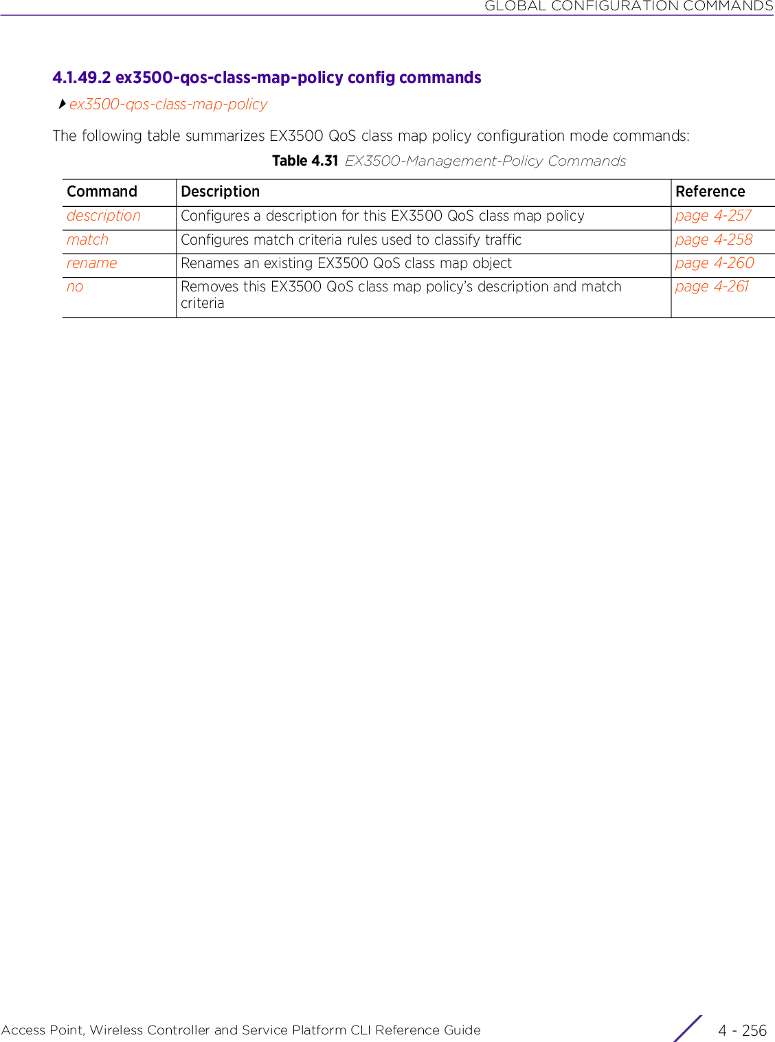 GLOBAL CONFIGURATION COMMANDSAccess Point, Wireless Controller and Service Platform CLI Reference Guide  4 - 2564.1.49.2 ex3500-qos-class-map-policy config commandsex3500-qos-class-map-policyThe following table summarizes EX3500 QoS class map policy configuration mode commands:Table 4.31 EX3500-Management-Policy CommandsCommand Description Referencedescription Configures a description for this EX3500 QoS class map policy page 4-257match Configures match criteria rules used to classify traffic page 4-258rename Renames an existing EX3500 QoS class map object page 4-260no Removes this EX3500 QoS class map policy’s description and match criteriapage 4-261