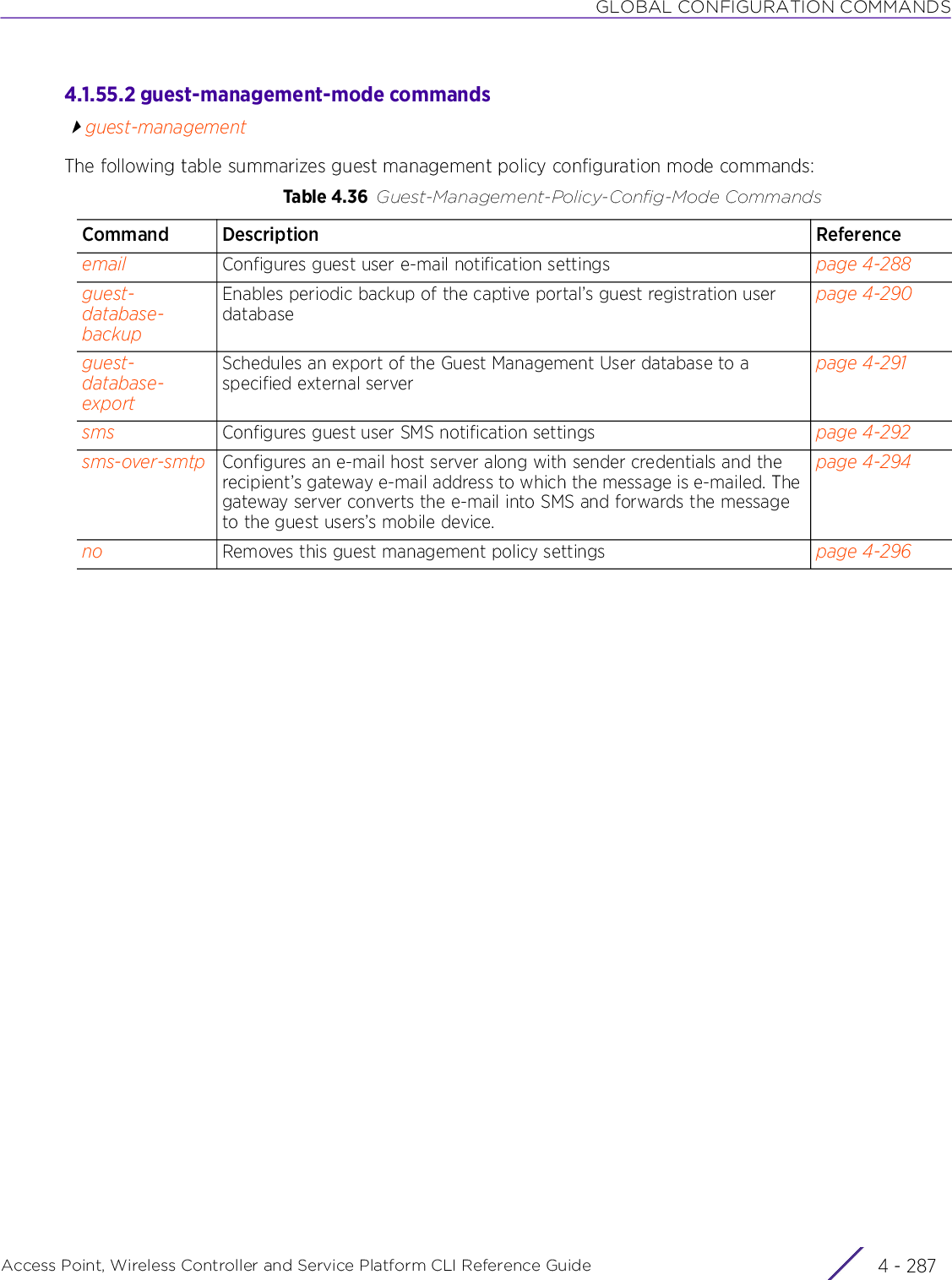 GLOBAL CONFIGURATION COMMANDSAccess Point, Wireless Controller and Service Platform CLI Reference Guide 4 - 2874.1.55.2 guest-management-mode commandsguest-managementThe following table summarizes guest management policy configuration mode commands:Table 4.36 Guest-Management-Policy-Config-Mode CommandsCommand Description Referenceemail Configures guest user e-mail notification settings page 4-288guest-database-backupEnables periodic backup of the captive portal’s guest registration user databasepage 4-290guest-database-exportSchedules an export of the Guest Management User database to a specified external serverpage 4-291sms Configures guest user SMS notification settings page 4-292sms-over-smtp Configures an e-mail host server along with sender credentials and the recipient’s gateway e-mail address to which the message is e-mailed. The gateway server converts the e-mail into SMS and forwards the message to the guest users’s mobile device.page 4-294no Removes this guest management policy settings page 4-296
