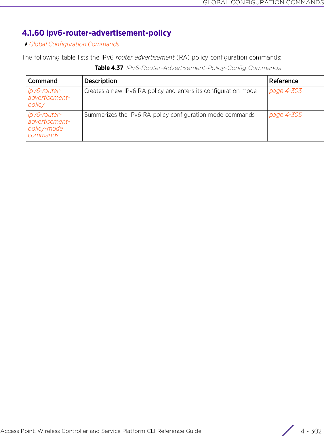 GLOBAL CONFIGURATION COMMANDSAccess Point, Wireless Controller and Service Platform CLI Reference Guide  4 - 3024.1.60 ipv6-router-advertisement-policyGlobal Configuration CommandsThe following table lists the IPv6 router advertisement (RA) policy configuration commands:Table 4.37 IPv6-Router-Advertisement-Policy-Config CommandsCommand Description Referenceipv6-router-advertisement-policyCreates a new IPv6 RA policy and enters its configuration mode page 4-303ipv6-router-advertisement-policy-mode commandsSummarizes the IPv6 RA policy configuration mode commands page 4-305