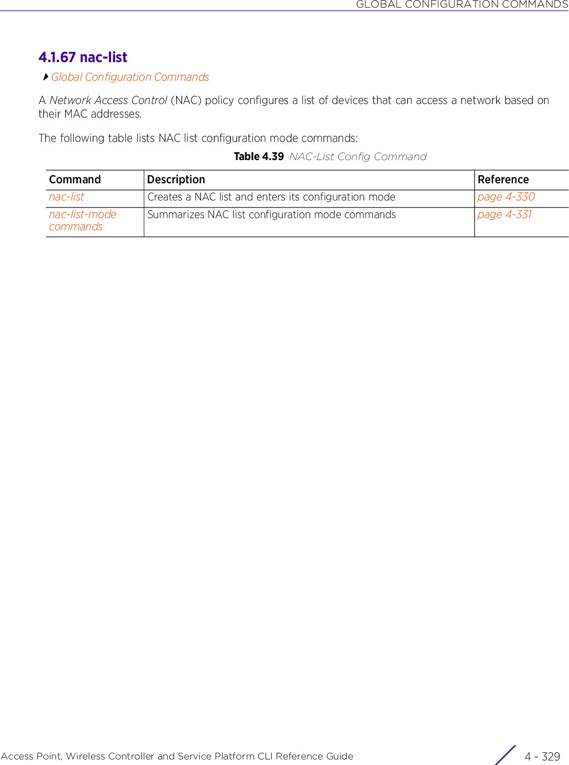 GLOBAL CONFIGURATION COMMANDSAccess Point, Wireless Controller and Service Platform CLI Reference Guide 4 - 3294.1.67 nac-listGlobal Configuration CommandsA Network Access Control (NAC) policy configures a list of devices that can access a network based on their MAC addresses.The following table lists NAC list configuration mode commands:Table 4.39 NAC-List Config CommandCommand Description Referencenac-list Creates a NAC list and enters its configuration mode page 4-330nac-list-mode commandsSummarizes NAC list configuration mode commands page 4-331
