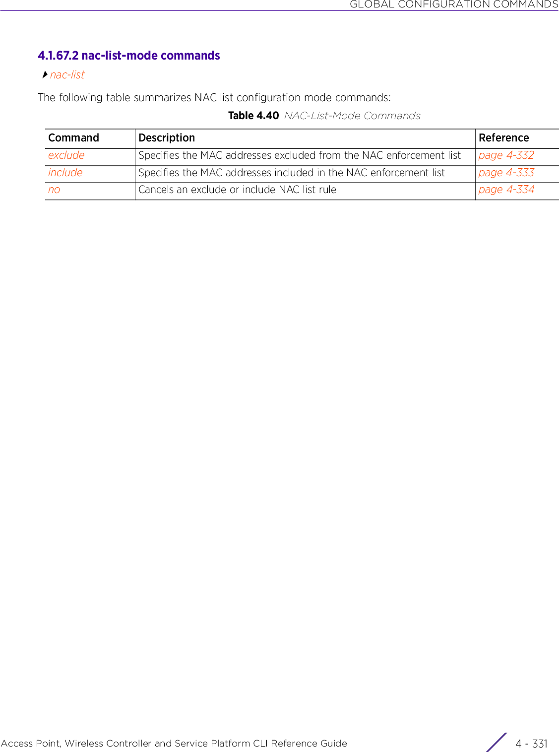 GLOBAL CONFIGURATION COMMANDSAccess Point, Wireless Controller and Service Platform CLI Reference Guide 4 - 3314.1.67.2 nac-list-mode commandsnac-listThe following table summarizes NAC list configuration mode commands:Table 4.40 NAC-List-Mode CommandsCommand Description Referenceexclude Specifies the MAC addresses excluded from the NAC enforcement list page 4-332include Specifies the MAC addresses included in the NAC enforcement list page 4-333no Cancels an exclude or include NAC list rule page 4-334