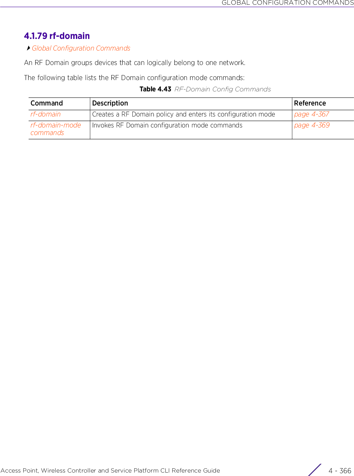 GLOBAL CONFIGURATION COMMANDSAccess Point, Wireless Controller and Service Platform CLI Reference Guide  4 - 3664.1.79 rf-domainGlobal Configuration CommandsAn RF Domain groups devices that can logically belong to one network.The following table lists the RF Domain configuration mode commands:Table 4.43 RF-Domain Config CommandsCommand Description Referencerf-domain Creates a RF Domain policy and enters its configuration mode page 4-367rf-domain-mode commandsInvokes RF Domain configuration mode commands page 4-369