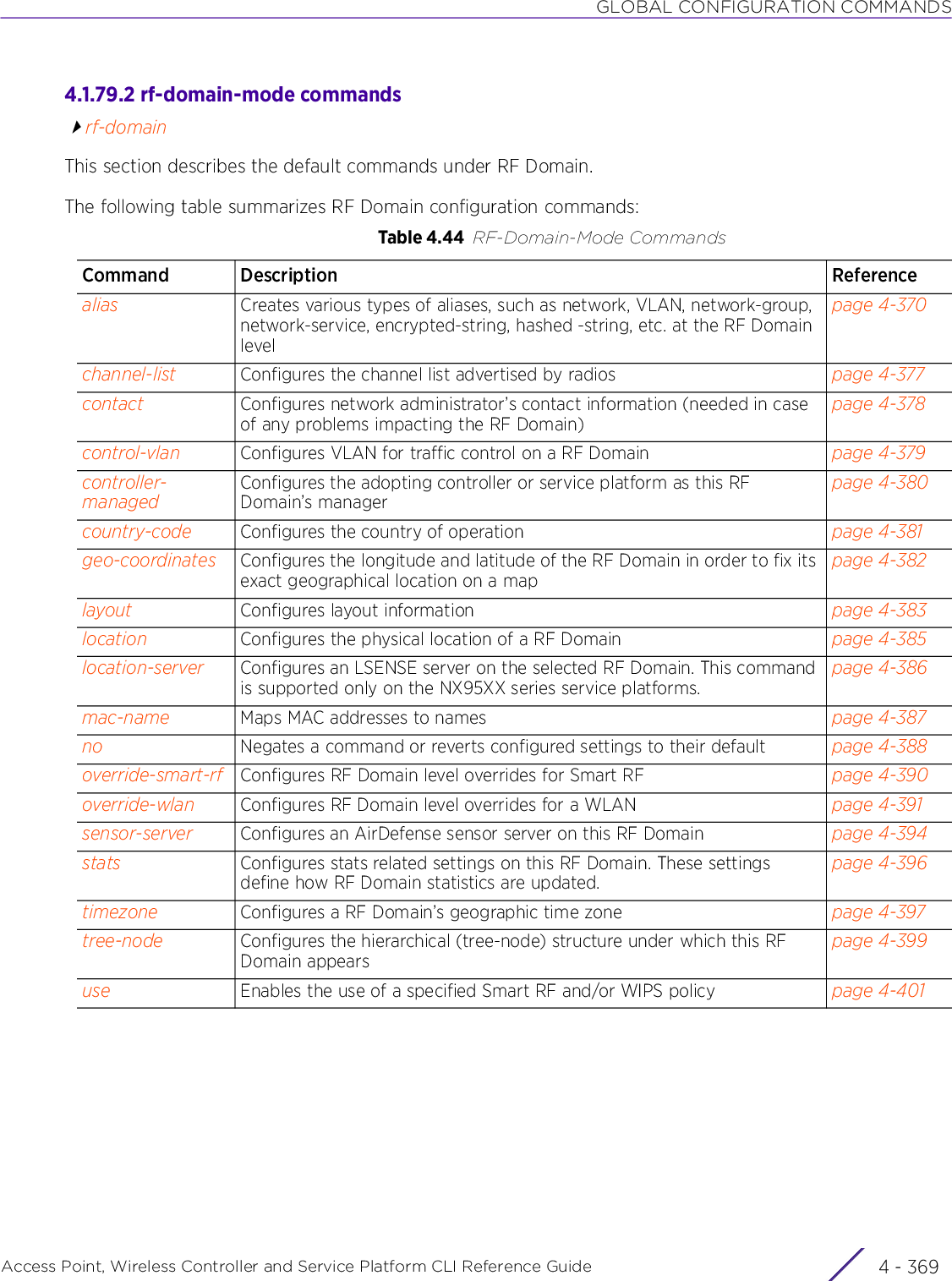 GLOBAL CONFIGURATION COMMANDSAccess Point, Wireless Controller and Service Platform CLI Reference Guide 4 - 3694.1.79.2 rf-domain-mode commandsrf-domainThis section describes the default commands under RF Domain.The following table summarizes RF Domain configuration commands:Table 4.44 RF-Domain-Mode CommandsCommand Description Referencealias Creates various types of aliases, such as network, VLAN, network-group, network-service, encrypted-string, hashed -string, etc. at the RF Domain levelpage 4-370channel-list Configures the channel list advertised by radios page 4-377contact Configures network administrator’s contact information (needed in case of any problems impacting the RF Domain)page 4-378control-vlan Configures VLAN for traffic control on a RF Domain page 4-379controller-managedConfigures the adopting controller or service platform as this RF Domain’s managerpage 4-380country-code Configures the country of operation page 4-381geo-coordinates Configures the longitude and latitude of the RF Domain in order to fix its exact geographical location on a mappage 4-382layout Configures layout information page 4-383location Configures the physical location of a RF Domain page 4-385location-server Configures an LSENSE server on the selected RF Domain. This command is supported only on the NX95XX series service platforms.page 4-386mac-name Maps MAC addresses to names page 4-387no Negates a command or reverts configured settings to their default page 4-388override-smart-rf Configures RF Domain level overrides for Smart RF page 4-390override-wlan Configures RF Domain level overrides for a WLAN page 4-391sensor-server Configures an AirDefense sensor server on this RF Domain page 4-394stats Configures stats related settings on this RF Domain. These settings define how RF Domain statistics are updated.page 4-396timezone Configures a RF Domain’s geographic time zone page 4-397tree-node Configures the hierarchical (tree-node) structure under which this RF Domain appearspage 4-399use Enables the use of a specified Smart RF and/or WIPS policy page 4-401