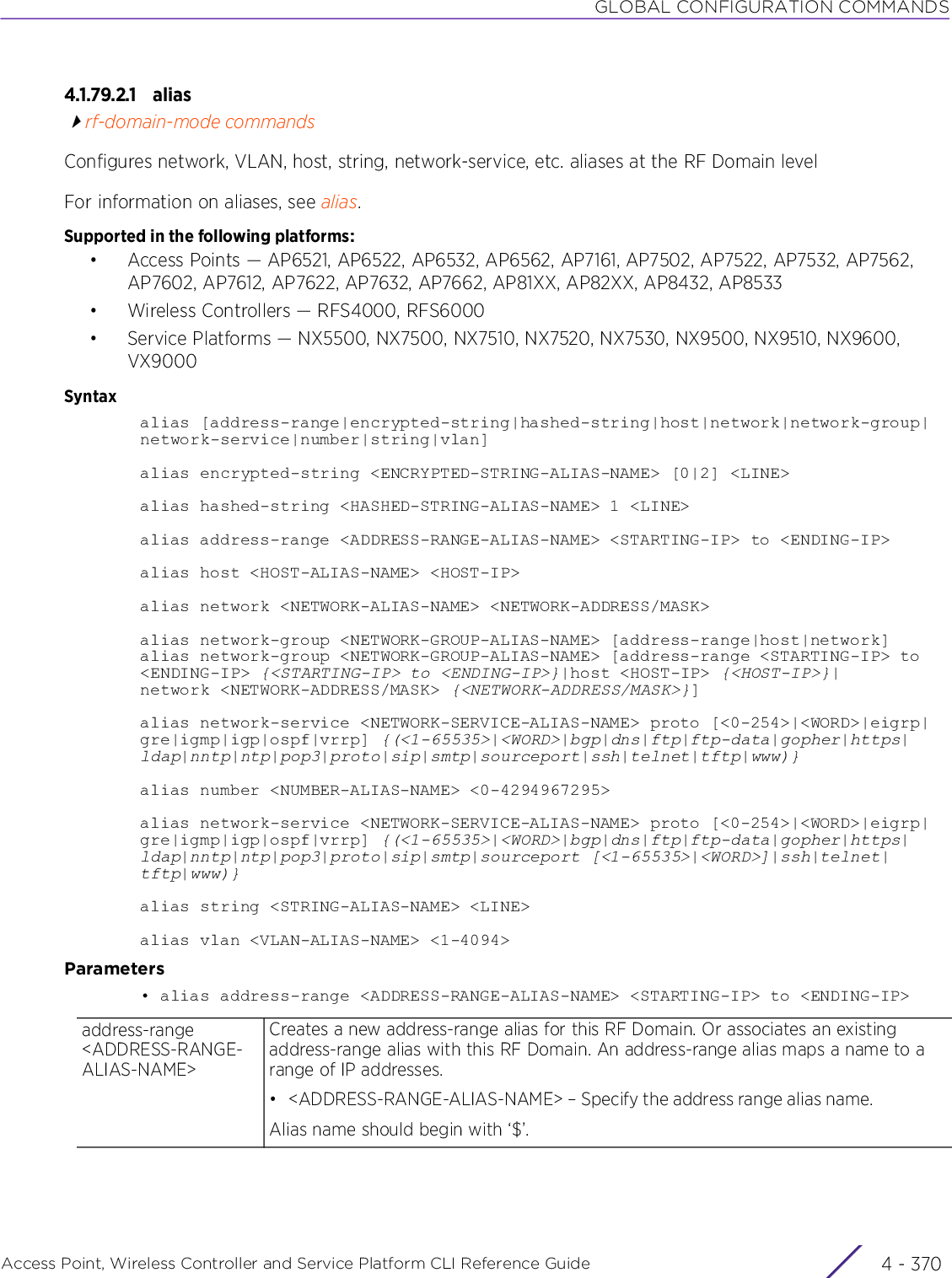 GLOBAL CONFIGURATION COMMANDSAccess Point, Wireless Controller and Service Platform CLI Reference Guide  4 - 3704.1.79.2.1 aliasrf-domain-mode commandsConfigures network, VLAN, host, string, network-service, etc. aliases at the RF Domain levelFor information on aliases, see alias.Supported in the following platforms:• Access Points — AP6521, AP6522, AP6532, AP6562, AP7161, AP7502, AP7522, AP7532, AP7562, AP7602, AP7612, AP7622, AP7632, AP7662, AP81XX, AP82XX, AP8432, AP8533• Wireless Controllers — RFS4000, RFS6000• Service Platforms — NX5500, NX7500, NX7510, NX7520, NX7530, NX9500, NX9510, NX9600, VX9000Syntaxalias [address-range|encrypted-string|hashed-string|host|network|network-group|network-service|number|string|vlan]alias encrypted-string &lt;ENCRYPTED-STRING-ALIAS-NAME&gt; [0|2] &lt;LINE&gt;alias hashed-string &lt;HASHED-STRING-ALIAS-NAME&gt; 1 &lt;LINE&gt;alias address-range &lt;ADDRESS-RANGE-ALIAS-NAME&gt; &lt;STARTING-IP&gt; to &lt;ENDING-IP&gt;alias host &lt;HOST-ALIAS-NAME&gt; &lt;HOST-IP&gt;alias network &lt;NETWORK-ALIAS-NAME&gt; &lt;NETWORK-ADDRESS/MASK&gt;alias network-group &lt;NETWORK-GROUP-ALIAS-NAME&gt; [address-range|host|network]alias network-group &lt;NETWORK-GROUP-ALIAS-NAME&gt; [address-range &lt;STARTING-IP&gt; to &lt;ENDING-IP&gt; {&lt;STARTING-IP&gt; to &lt;ENDING-IP&gt;}|host &lt;HOST-IP&gt; {&lt;HOST-IP&gt;}|network &lt;NETWORK-ADDRESS/MASK&gt; {&lt;NETWORK-ADDRESS/MASK&gt;}]alias network-service &lt;NETWORK-SERVICE-ALIAS-NAME&gt; proto [&lt;0-254&gt;|&lt;WORD&gt;|eigrp|gre|igmp|igp|ospf|vrrp] {(&lt;1-65535&gt;|&lt;WORD&gt;|bgp|dns|ftp|ftp-data|gopher|https|ldap|nntp|ntp|pop3|proto|sip|smtp|sourceport|ssh|telnet|tftp|www)}alias number &lt;NUMBER-ALIAS-NAME&gt; &lt;0-4294967295&gt;alias network-service &lt;NETWORK-SERVICE-ALIAS-NAME&gt; proto [&lt;0-254&gt;|&lt;WORD&gt;|eigrp|gre|igmp|igp|ospf|vrrp] {(&lt;1-65535&gt;|&lt;WORD&gt;|bgp|dns|ftp|ftp-data|gopher|https|ldap|nntp|ntp|pop3|proto|sip|smtp|sourceport [&lt;1-65535&gt;|&lt;WORD&gt;]|ssh|telnet|tftp|www)}alias string &lt;STRING-ALIAS-NAME&gt; &lt;LINE&gt;alias vlan &lt;VLAN-ALIAS-NAME&gt; &lt;1-4094&gt;Parameters• alias address-range &lt;ADDRESS-RANGE-ALIAS-NAME&gt; &lt;STARTING-IP&gt; to &lt;ENDING-IP&gt;address-range &lt;ADDRESS-RANGE-ALIAS-NAME&gt;Creates a new address-range alias for this RF Domain. Or associates an existing address-range alias with this RF Domain. An address-range alias maps a name to a range of IP addresses.• &lt;ADDRESS-RANGE-ALIAS-NAME&gt; – Specify the address range alias name.Alias name should begin with ‘$’.