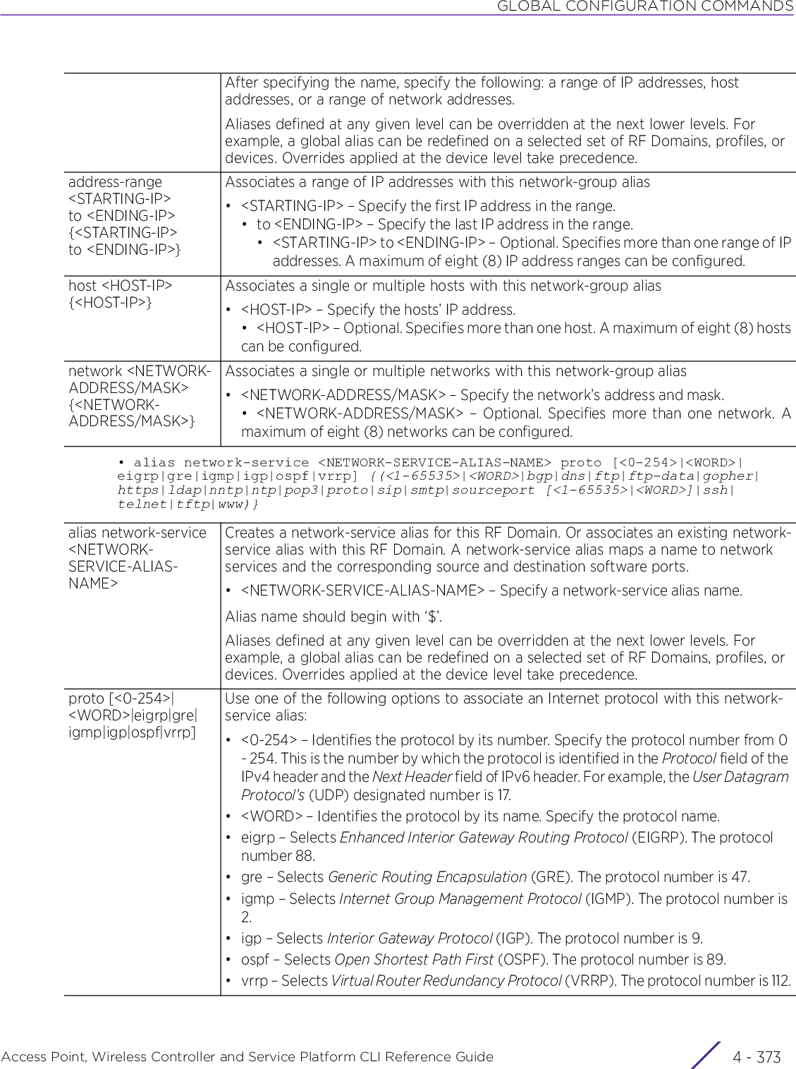 GLOBAL CONFIGURATION COMMANDSAccess Point, Wireless Controller and Service Platform CLI Reference Guide 4 - 373• alias network-service &lt;NETWORK-SERVICE-ALIAS-NAME&gt; proto [&lt;0-254&gt;|&lt;WORD&gt;|eigrp|gre|igmp|igp|ospf|vrrp] {(&lt;1-65535&gt;|&lt;WORD&gt;|bgp|dns|ftp|ftp-data|gopher|https|ldap|nntp|ntp|pop3|proto|sip|smtp|sourceport [&lt;1-65535&gt;|&lt;WORD&gt;]|ssh|telnet|tftp|www)}After specifying the name, specify the following: a range of IP addresses, host addresses, or a range of network addresses.Aliases defined at any given level can be overridden at the next lower levels. For example, a global alias can be redefined on a selected set of RF Domains, profiles, or devices. Overrides applied at the device level take precedence.address-range &lt;STARTING-IP&gt; to &lt;ENDING-IP&gt; {&lt;STARTING-IP&gt; to &lt;ENDING-IP&gt;}Associates a range of IP addresses with this network-group alias• &lt;STARTING-IP&gt; – Specify the first IP address in the range.• to &lt;ENDING-IP&gt; – Specify the last IP address in the range.• &lt;STARTING-IP&gt; to &lt;ENDING-IP&gt; – Optional. Specifies more than one range of IPaddresses. A maximum of eight (8) IP address ranges can be configured.host &lt;HOST-IP&gt; {&lt;HOST-IP&gt;}Associates a single or multiple hosts with this network-group alias• &lt;HOST-IP&gt; – Specify the hosts’ IP address.• &lt;HOST-IP&gt; – Optional. Specifies more than one host. A maximum of eight (8) hostscan be configured.network &lt;NETWORK-ADDRESS/MASK&gt; {&lt;NETWORK-ADDRESS/MASK&gt;}Associates a single or multiple networks with this network-group alias• &lt;NETWORK-ADDRESS/MASK&gt; – Specify the network’s address and mask.• &lt;NETWORK-ADDRESS/MASK&gt; – Optional. Specifies more than one network. Amaximum of eight (8) networks can be configured.alias network-service &lt;NETWORK-SERVICE-ALIAS-NAME&gt;Creates a network-service alias for this RF Domain. Or associates an existing network-service alias with this RF Domain. A network-service alias maps a name to network services and the corresponding source and destination software ports.• &lt;NETWORK-SERVICE-ALIAS-NAME&gt; – Specify a network-service alias name.Alias name should begin with ‘$’.Aliases defined at any given level can be overridden at the next lower levels. For example, a global alias can be redefined on a selected set of RF Domains, profiles, or devices. Overrides applied at the device level take precedence.proto [&lt;0-254&gt;|&lt;WORD&gt;|eigrp|gre|igmp|igp|ospf|vrrp]Use one of the following options to associate an Internet protocol with this network-service alias:• &lt;0-254&gt; – Identifies the protocol by its number. Specify the protocol number from 0 - 254. This is the number by which the protocol is identified in the Protocol field of the IPv4 header and the Next Header field of IPv6 header. For example, the User Datagram Protocol’s (UDP) designated number is 17.• &lt;WORD&gt; – Identifies the protocol by its name. Specify the protocol name.• eigrp – Selects Enhanced Interior Gateway Routing Protocol (EIGRP). The protocol number 88.•gre – Selects Generic Routing Encapsulation (GRE). The protocol number is 47.• igmp – Selects Internet Group Management Protocol (IGMP). The protocol number is 2.•igp – Selects Interior Gateway Protocol (IGP). The protocol number is 9.•ospf – Selects Open Shortest Path First (OSPF). The protocol number is 89.• vrrp – Selects Virtual Router Redundancy Protocol (VRRP). The protocol number is 112.