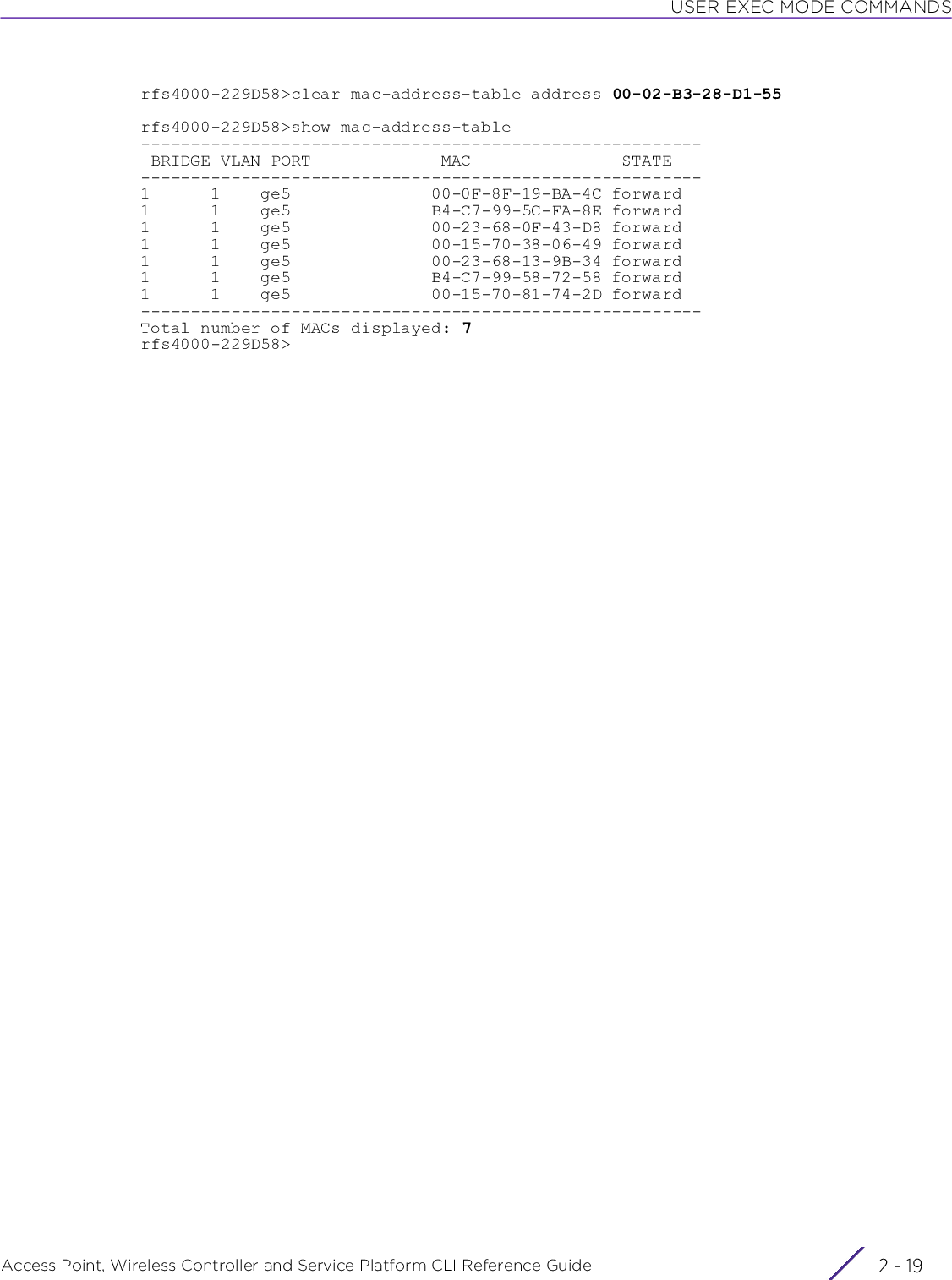 USER EXEC MODE COMMANDSAccess Point, Wireless Controller and Service Platform CLI Reference Guide 2 - 19rfs4000-229D58&gt;clear mac-address-table address 00-02-B3-28-D1-55rfs4000-229D58&gt;show mac-address-table-------------------------------------------------------- BRIDGE VLAN PORT             MAC               STATE--------------------------------------------------------1      1    ge5              00-0F-8F-19-BA-4C forward1      1    ge5              B4-C7-99-5C-FA-8E forward1      1    ge5              00-23-68-0F-43-D8 forward1      1    ge5              00-15-70-38-06-49 forward1      1    ge5              00-23-68-13-9B-34 forward1      1    ge5              B4-C7-99-58-72-58 forward1      1    ge5              00-15-70-81-74-2D forward--------------------------------------------------------Total number of MACs displayed: 7rfs4000-229D58&gt;