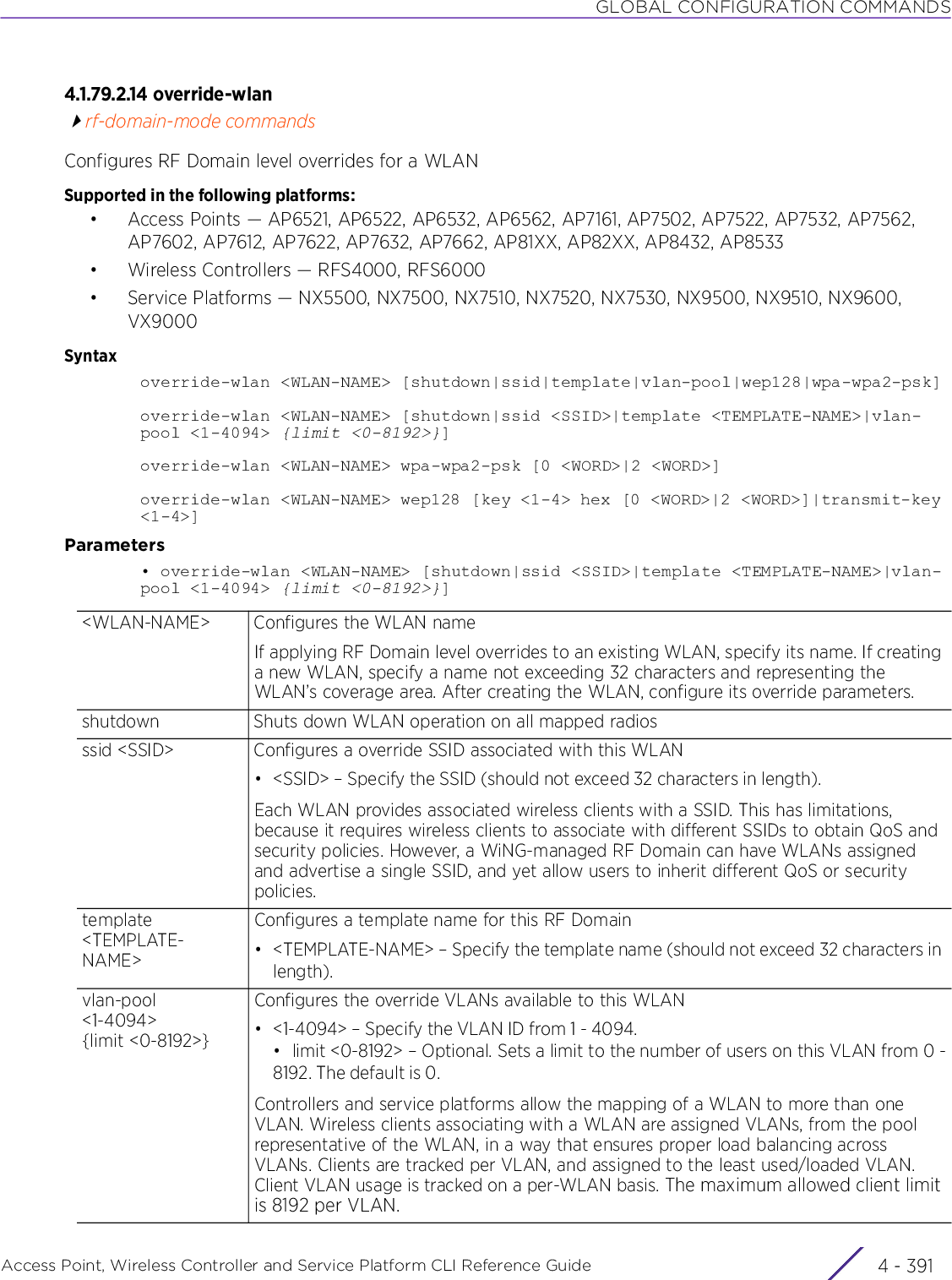 GLOBAL CONFIGURATION COMMANDSAccess Point, Wireless Controller and Service Platform CLI Reference Guide 4 - 3914.1.79.2.14 override-wlanrf-domain-mode commandsConfigures RF Domain level overrides for a WLANSupported in the following platforms:• Access Points — AP6521, AP6522, AP6532, AP6562, AP7161, AP7502, AP7522, AP7532, AP7562, AP7602, AP7612, AP7622, AP7632, AP7662, AP81XX, AP82XX, AP8432, AP8533• Wireless Controllers — RFS4000, RFS6000• Service Platforms — NX5500, NX7500, NX7510, NX7520, NX7530, NX9500, NX9510, NX9600, VX9000Syntaxoverride-wlan &lt;WLAN-NAME&gt; [shutdown|ssid|template|vlan-pool|wep128|wpa-wpa2-psk]override-wlan &lt;WLAN-NAME&gt; [shutdown|ssid &lt;SSID&gt;|template &lt;TEMPLATE-NAME&gt;|vlan-pool &lt;1-4094&gt; {limit &lt;0-8192&gt;}]override-wlan &lt;WLAN-NAME&gt; wpa-wpa2-psk [0 &lt;WORD&gt;|2 &lt;WORD&gt;]override-wlan &lt;WLAN-NAME&gt; wep128 [key &lt;1-4&gt; hex [0 &lt;WORD&gt;|2 &lt;WORD&gt;]|transmit-key &lt;1-4&gt;]Parameters• override-wlan &lt;WLAN-NAME&gt; [shutdown|ssid &lt;SSID&gt;|template &lt;TEMPLATE-NAME&gt;|vlan-pool &lt;1-4094&gt; {limit &lt;0-8192&gt;}]&lt;WLAN-NAME&gt; Configures the WLAN nameIf applying RF Domain level overrides to an existing WLAN, specify its name. If creating a new WLAN, specify a name not exceeding 32 characters and representing the WLAN’s coverage area. After creating the WLAN, configure its override parameters.shutdown Shuts down WLAN operation on all mapped radiosssid &lt;SSID&gt; Configures a override SSID associated with this WLAN• &lt;SSID&gt; – Specify the SSID (should not exceed 32 characters in length).Each WLAN provides associated wireless clients with a SSID. This has limitations, because it requires wireless clients to associate with different SSIDs to obtain QoS and security policies. However, a WiNG-managed RF Domain can have WLANs assigned and advertise a single SSID, and yet allow users to inherit different QoS or security policies.template &lt;TEMPLATE-NAME&gt;Configures a template name for this RF Domain• &lt;TEMPLATE-NAME&gt; – Specify the template name (should not exceed 32 characters in length).vlan-pool &lt;1-4094&gt; {limit &lt;0-8192&gt;}Configures the override VLANs available to this WLAN• &lt;1-4094&gt; – Specify the VLAN ID from 1 - 4094.• limit &lt;0-8192&gt; – Optional. Sets a limit to the number of users on this VLAN from 0 -8192. The default is 0.Controllers and service platforms allow the mapping of a WLAN to more than one VLAN. Wireless clients associating with a WLAN are assigned VLANs, from the pool representative of the WLAN, in a way that ensures proper load balancing across VLANs. Clients are tracked per VLAN, and assigned to the least used/loaded VLAN. Client VLAN usage is tracked on a per-WLAN basis. The maximum allowed client limit is 8192 per VLAN.