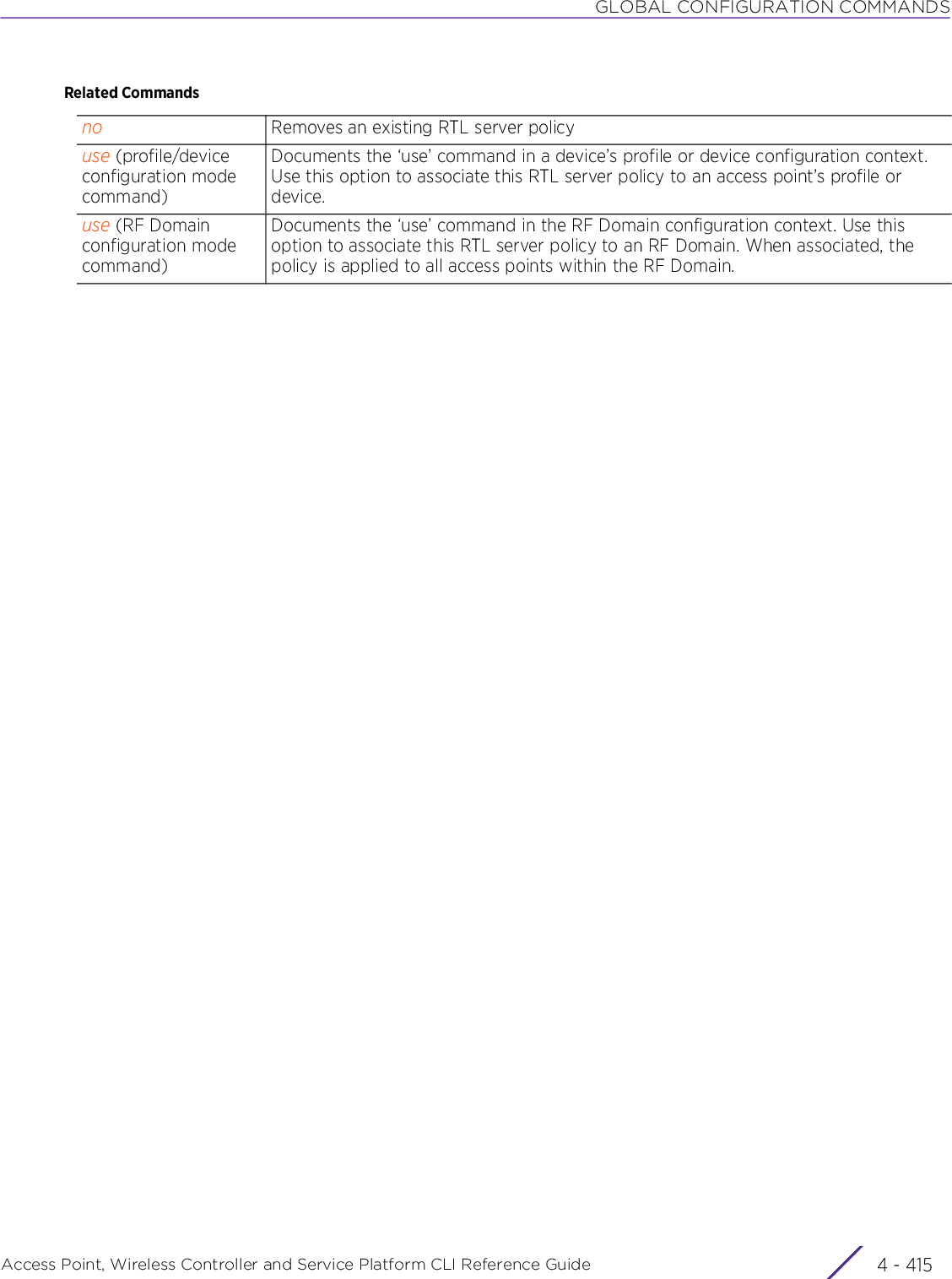 GLOBAL CONFIGURATION COMMANDSAccess Point, Wireless Controller and Service Platform CLI Reference Guide 4 - 415Related Commandsno Removes an existing RTL server policyuse (profile/device configuration mode command)Documents the ‘use’ command in a device’s profile or device configuration context. Use this option to associate this RTL server policy to an access point’s profile or device.use (RF Domain configuration mode command)Documents the ‘use’ command in the RF Domain configuration context. Use this option to associate this RTL server policy to an RF Domain. When associated, the policy is applied to all access points within the RF Domain.
