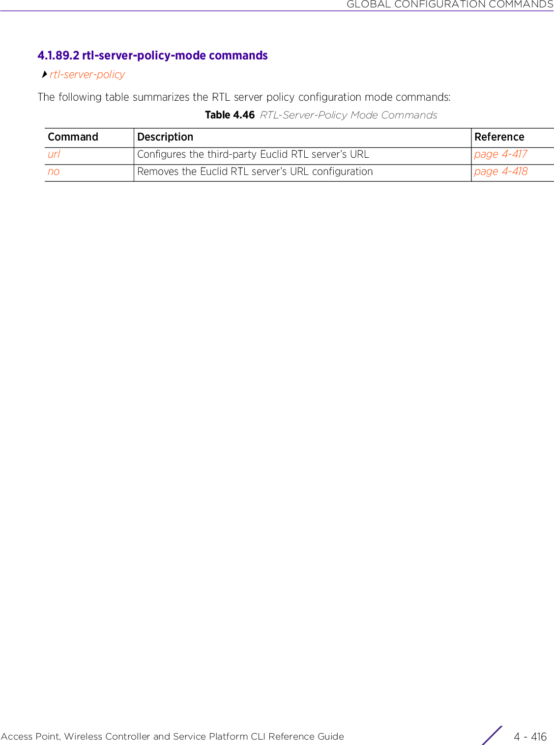 GLOBAL CONFIGURATION COMMANDSAccess Point, Wireless Controller and Service Platform CLI Reference Guide  4 - 4164.1.89.2 rtl-server-policy-mode commandsrtl-server-policyThe following table summarizes the RTL server policy configuration mode commands:Table 4.46 RTL-Server-Policy Mode CommandsCommand Description Referenceurl Configures the third-party Euclid RTL server’s URL page 4-417no Removes the Euclid RTL server’s URL configuration page 4-418