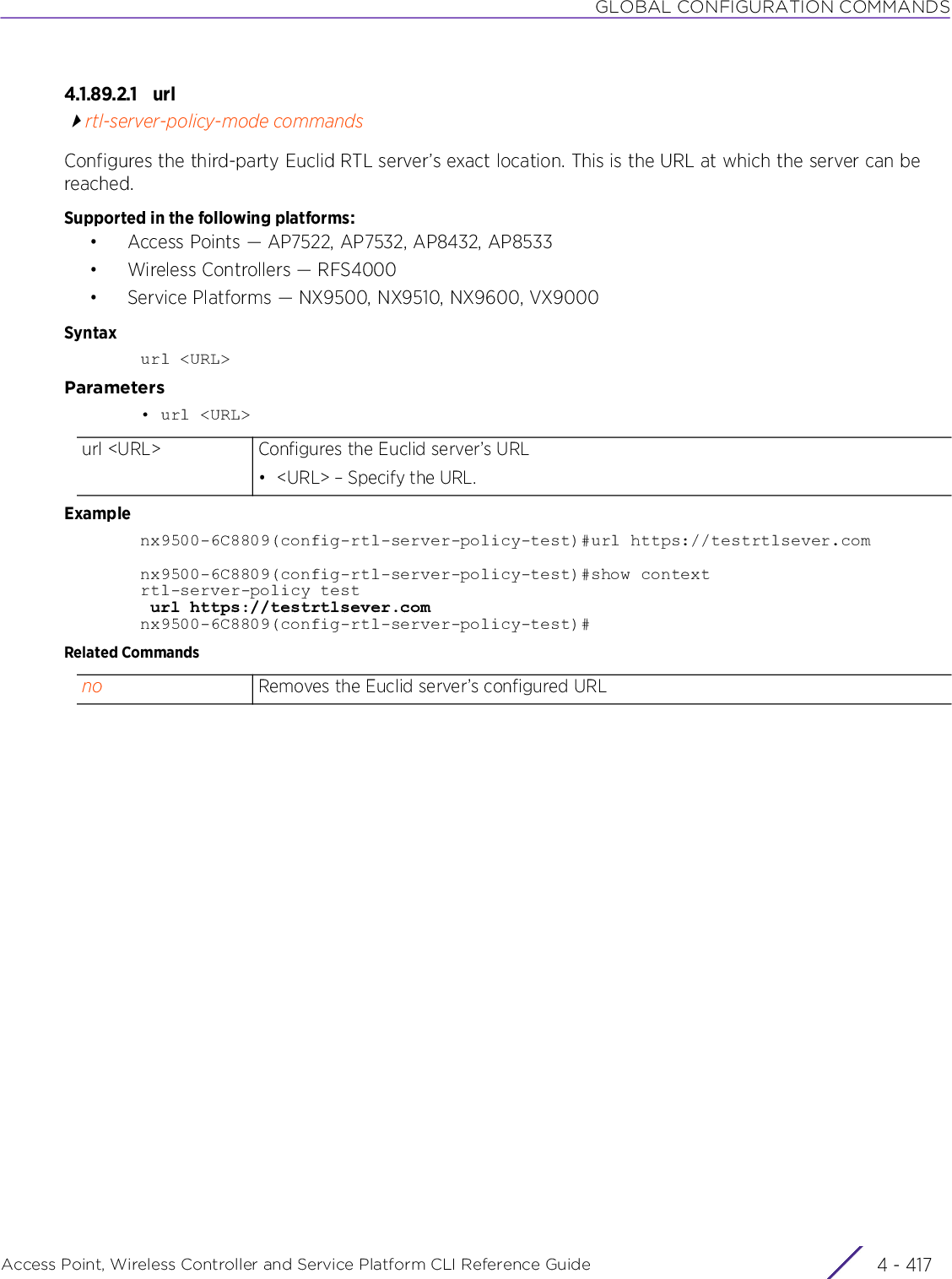GLOBAL CONFIGURATION COMMANDSAccess Point, Wireless Controller and Service Platform CLI Reference Guide 4 - 4174.1.89.2.1 urlrtl-server-policy-mode commandsConfigures the third-party Euclid RTL server’s exact location. This is the URL at which the server can be reached.Supported in the following platforms:• Access Points — AP7522, AP7532, AP8432, AP8533• Wireless Controllers — RFS4000• Service Platforms — NX9500, NX9510, NX9600, VX9000Syntaxurl &lt;URL&gt;Parameters• url &lt;URL&gt;Examplenx9500-6C8809(config-rtl-server-policy-test)#url https://testrtlsever.comnx9500-6C8809(config-rtl-server-policy-test)#show contextrtl-server-policy test url https://testrtlsever.comnx9500-6C8809(config-rtl-server-policy-test)#Related Commandsurl &lt;URL&gt; Configures the Euclid server’s URL• &lt;URL&gt; – Specify the URL.no Removes the Euclid server’s configured URL
