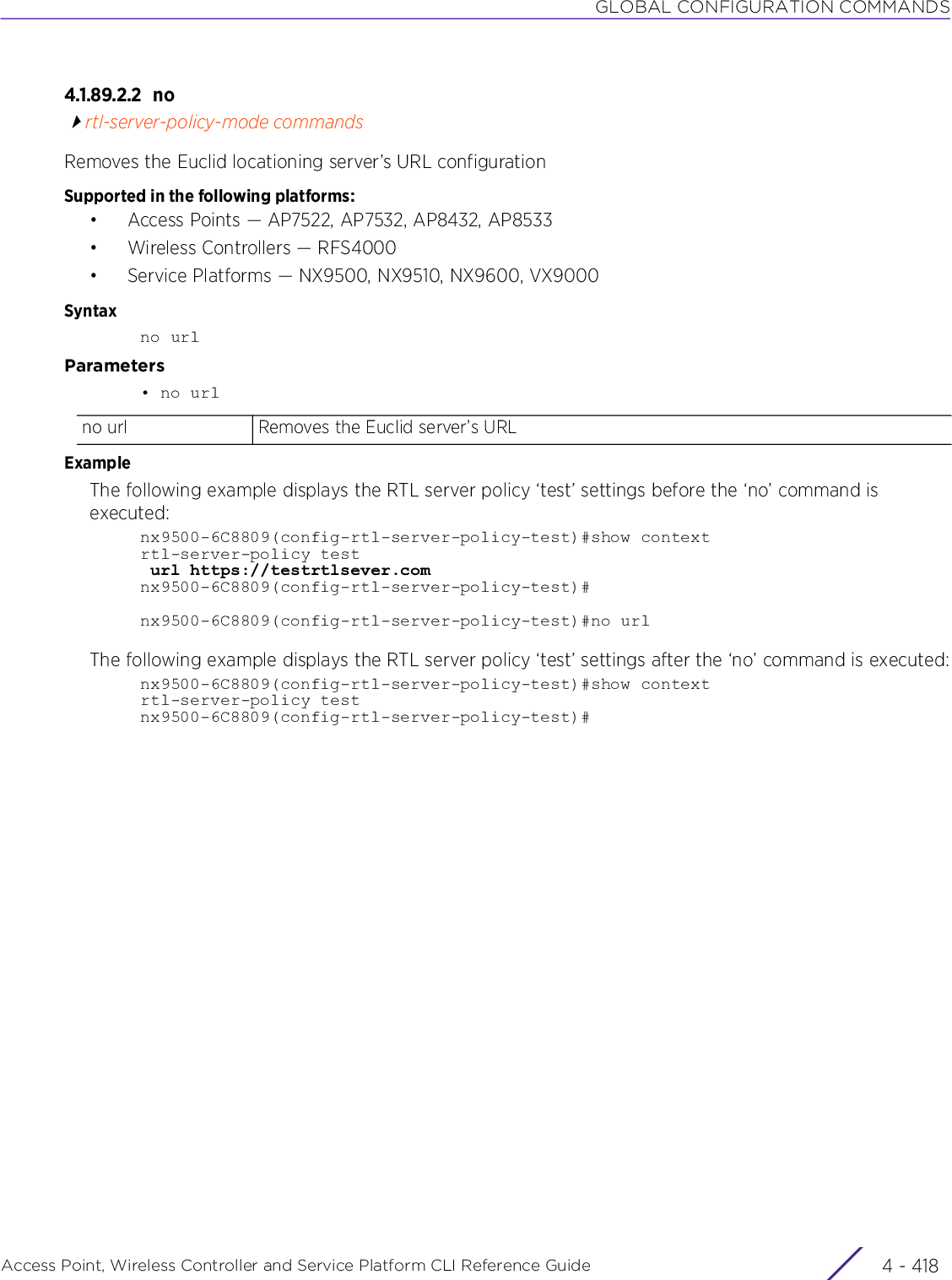 GLOBAL CONFIGURATION COMMANDSAccess Point, Wireless Controller and Service Platform CLI Reference Guide  4 - 4184.1.89.2.2 nortl-server-policy-mode commandsRemoves the Euclid locationing server’s URL configurationSupported in the following platforms:• Access Points — AP7522, AP7532, AP8432, AP8533• Wireless Controllers — RFS4000• Service Platforms — NX9500, NX9510, NX9600, VX9000Syntaxno urlParameters• no urlExampleThe following example displays the RTL server policy ‘test’ settings before the ‘no’ command is executed:nx9500-6C8809(config-rtl-server-policy-test)#show contextrtl-server-policy test url https://testrtlsever.comnx9500-6C8809(config-rtl-server-policy-test)#nx9500-6C8809(config-rtl-server-policy-test)#no urlThe following example displays the RTL server policy ‘test’ settings after the ‘no’ command is executed:nx9500-6C8809(config-rtl-server-policy-test)#show contextrtl-server-policy testnx9500-6C8809(config-rtl-server-policy-test)#no url Removes the Euclid server’s URL